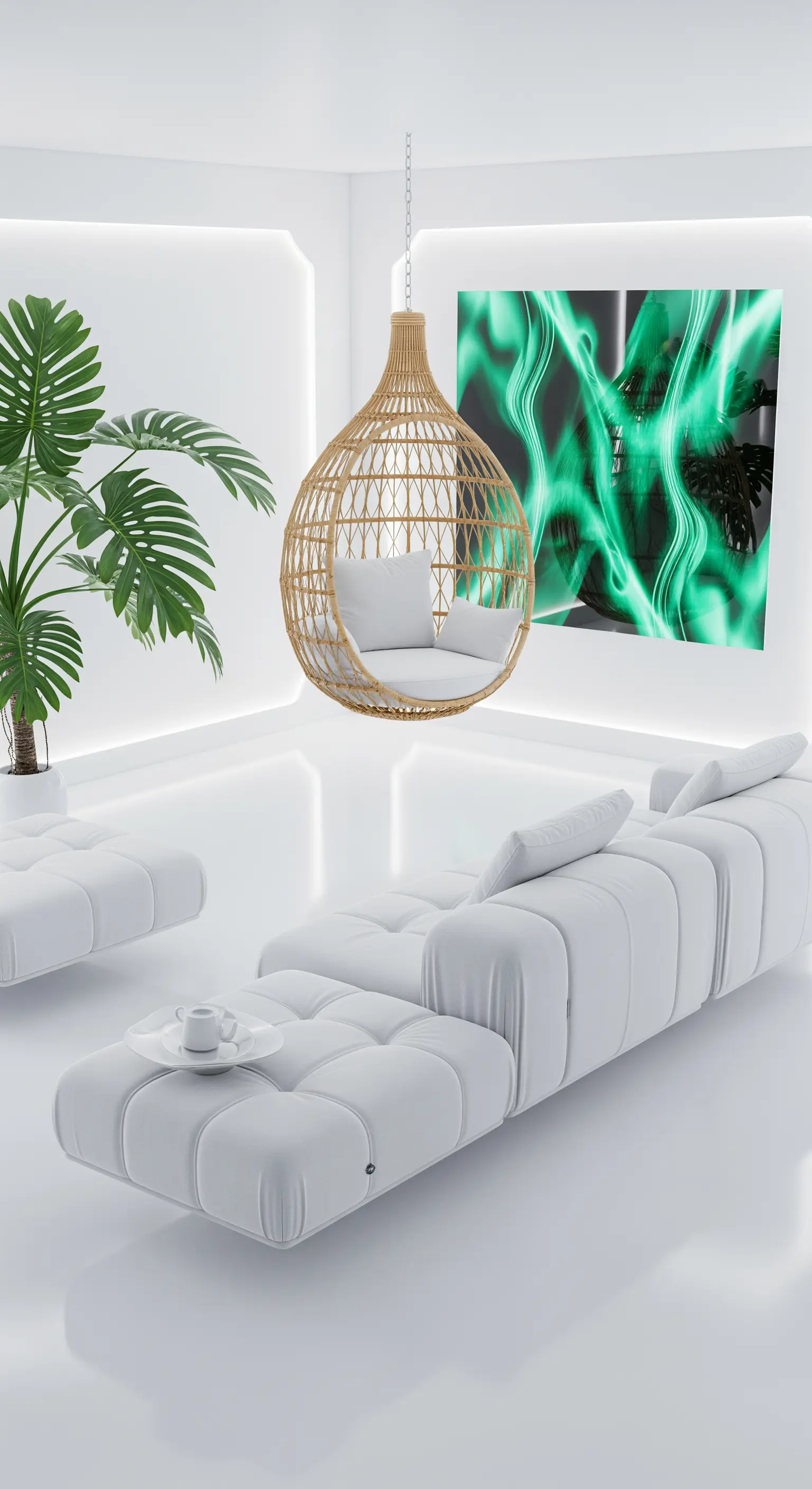 Ambiente futuristico total white con una poltrona sospesa in rattan e un'opera al neon verde.