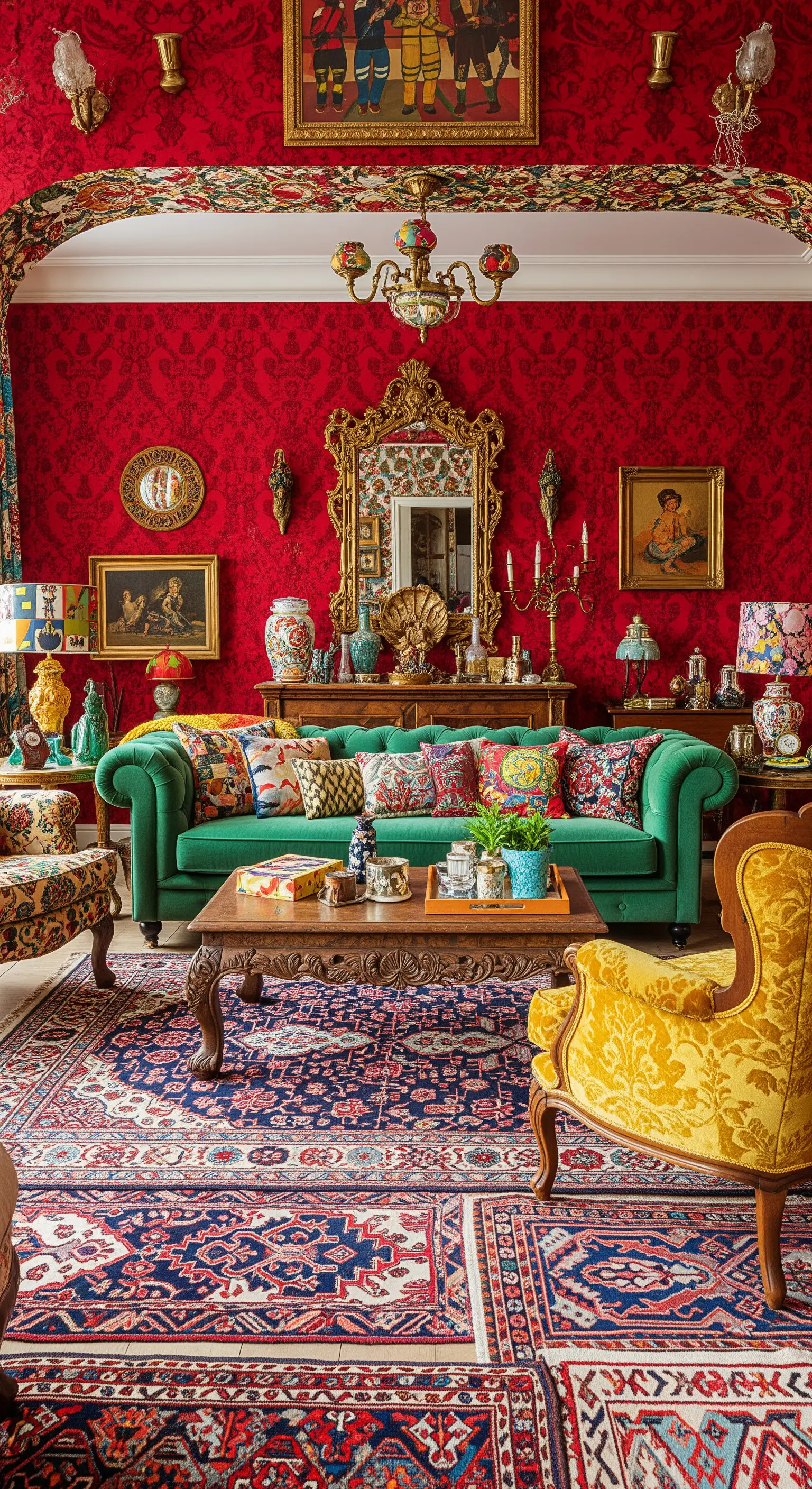 Salotto massimalista con pareti rosse, divano verde e una poltrona barocca gialla su tappeto persiano.