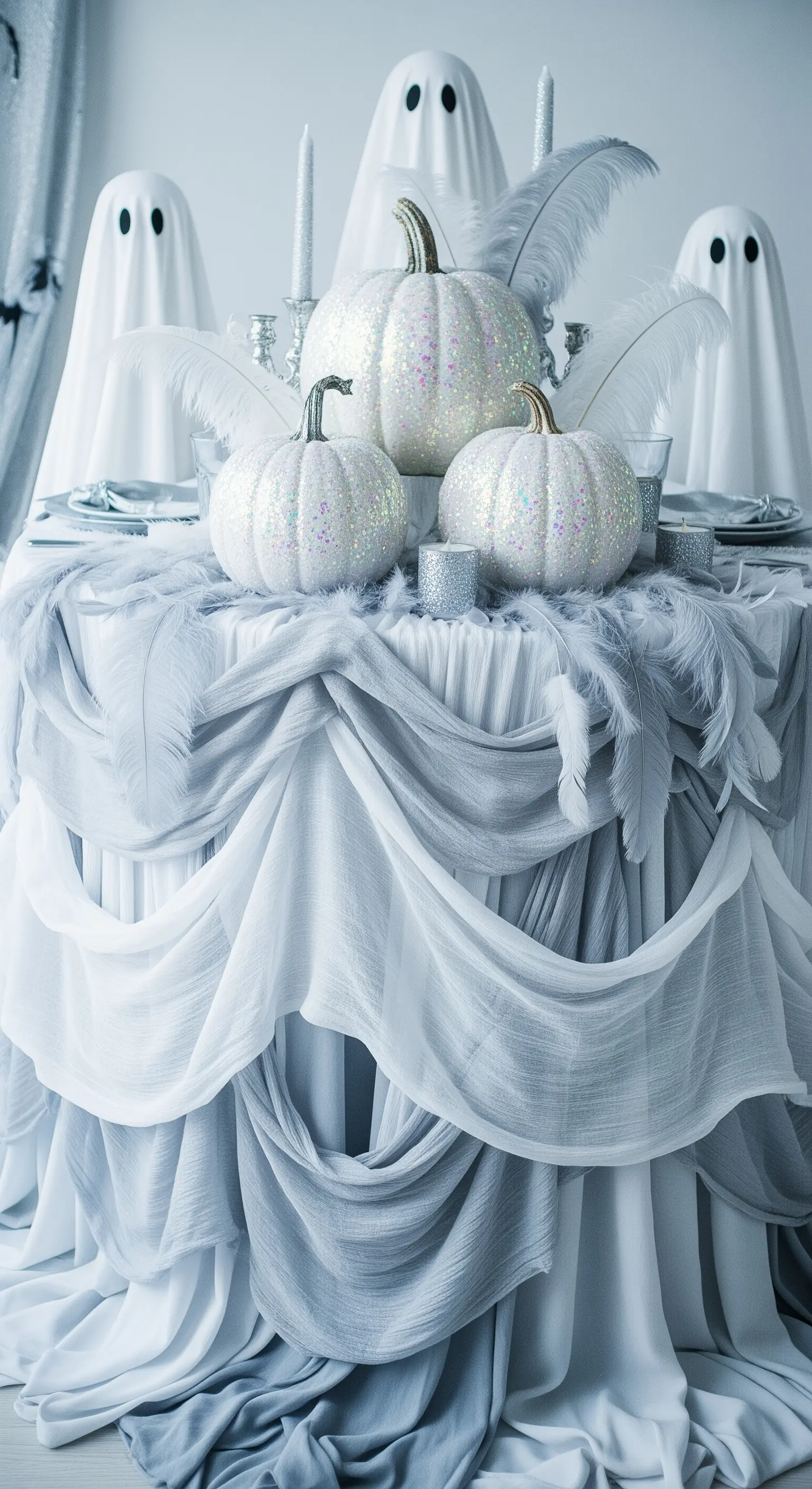Tavola spettrale con zucche bianche glitter e tessuti drappeggiati.