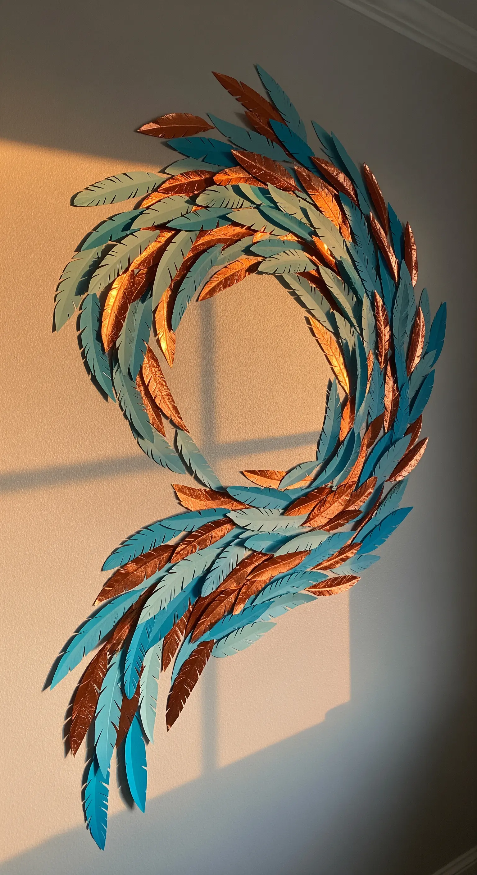 Decorazione murale a forma di spirale composta da piume di carta turchesi e color rame.