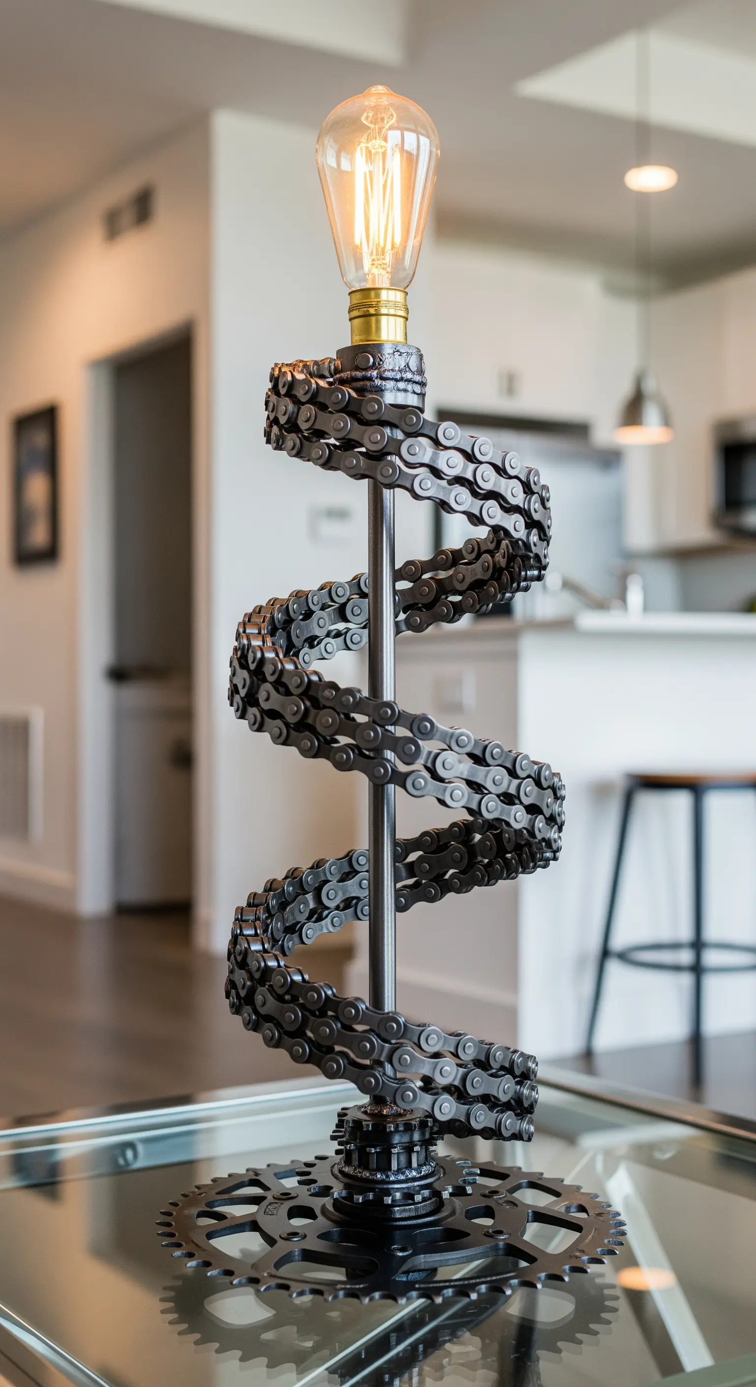 Lampada con stelo a spirale realizzato avvolgendo una catena di bicicletta attorno a un'asta.