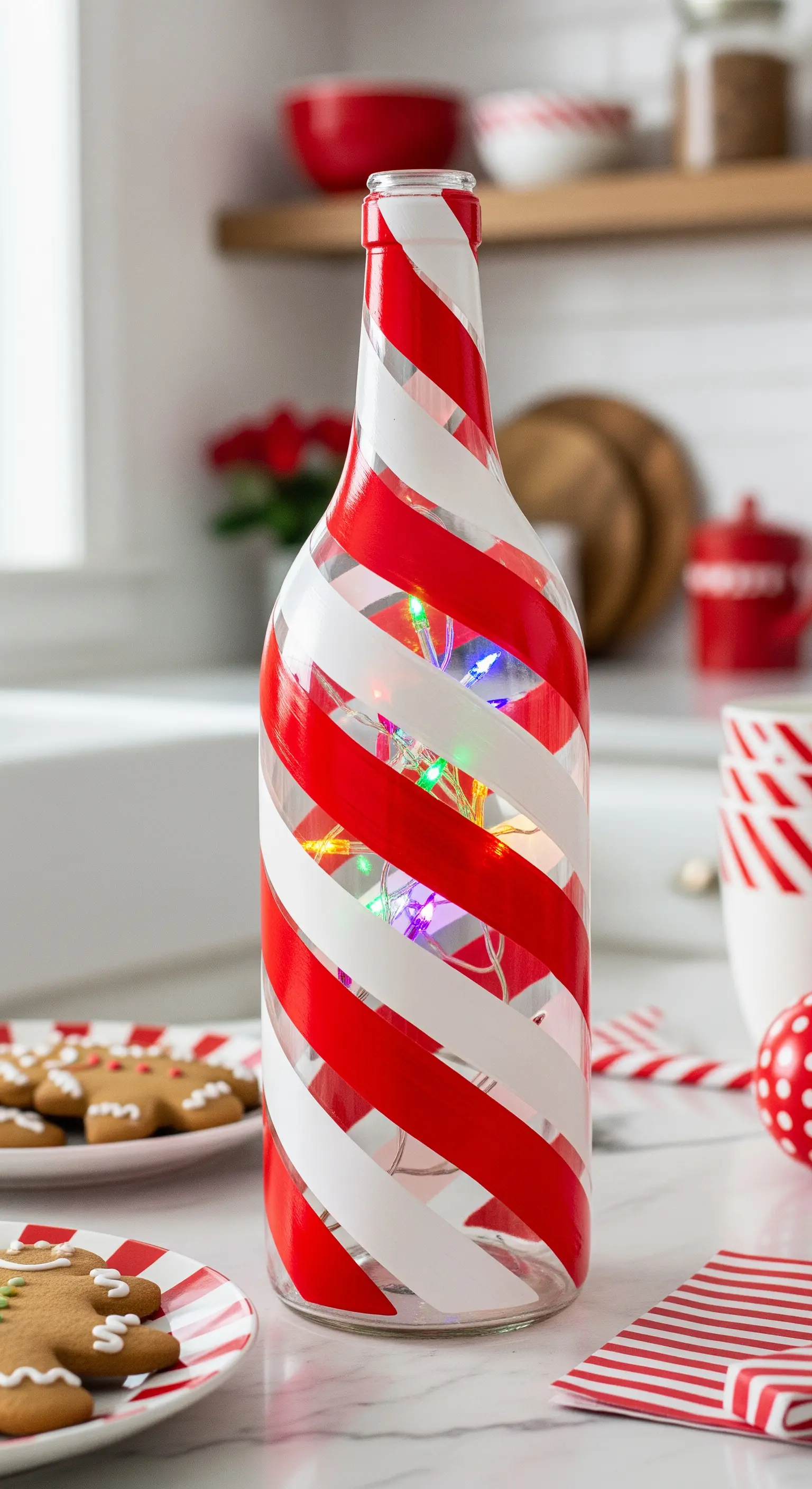 Bottiglia di vetro trasparente dipinta a strisce diagonali rosse e bianche, come un bastoncino di zucchero.