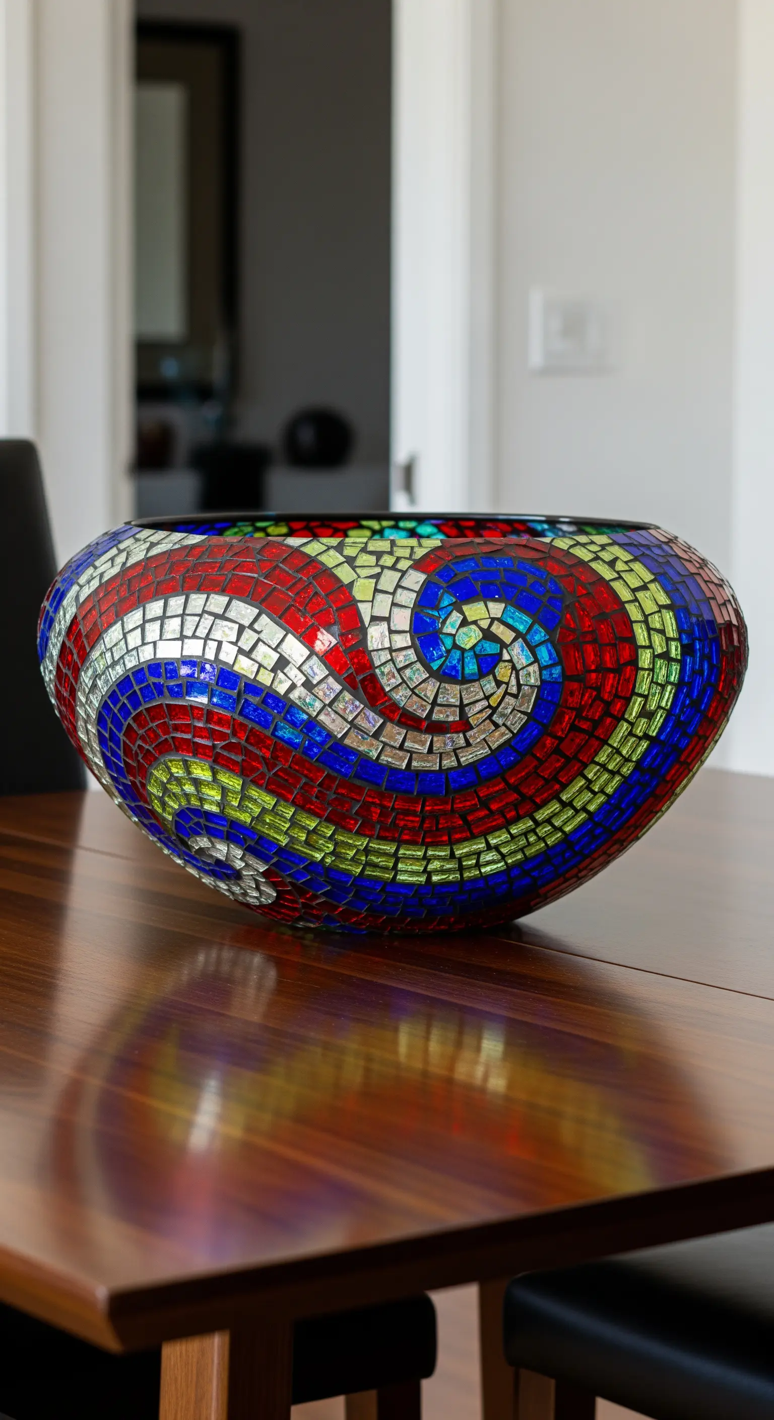 Grande ciotola a mosaico con un pattern a spirale multicolore, posata su un tavolo di legno lucido.