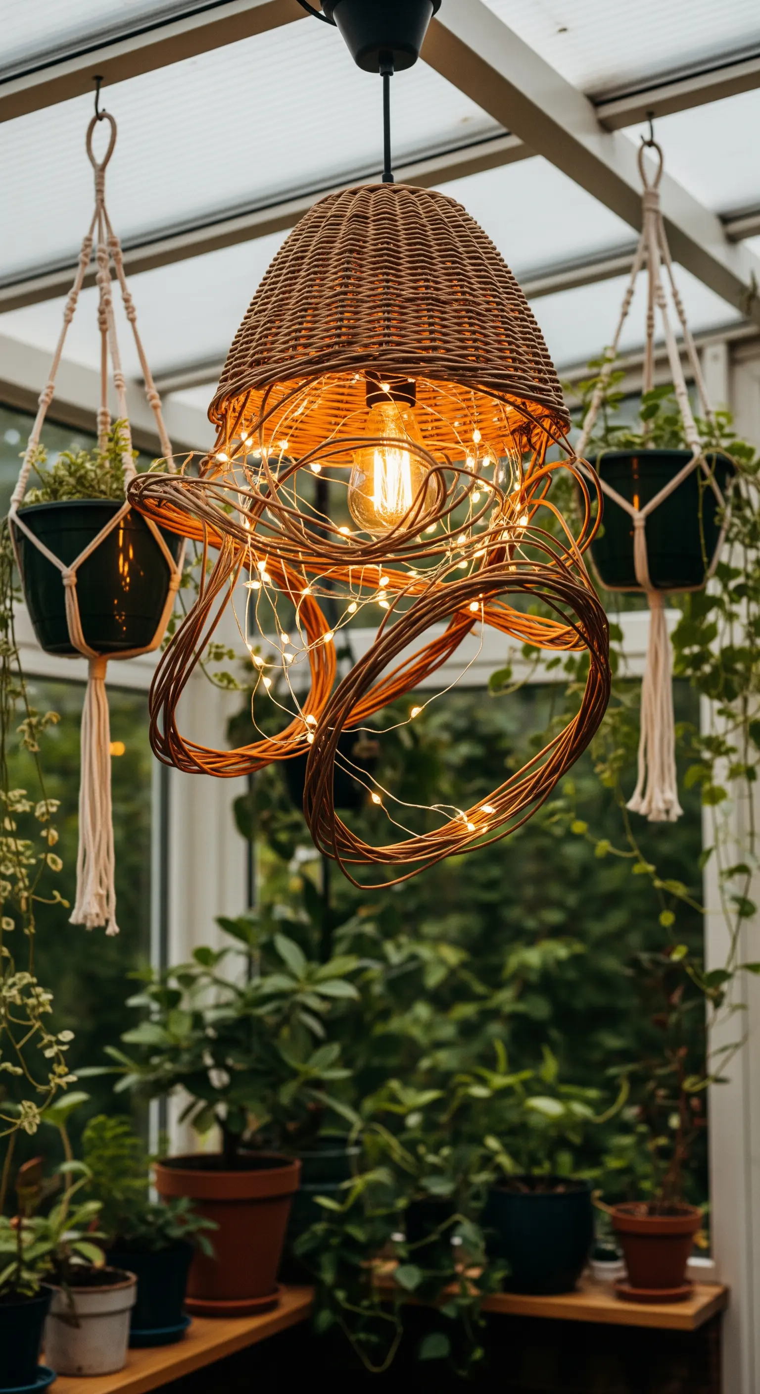 Lampadario a cestino con spirali di rattan e lucine a led in una serra.