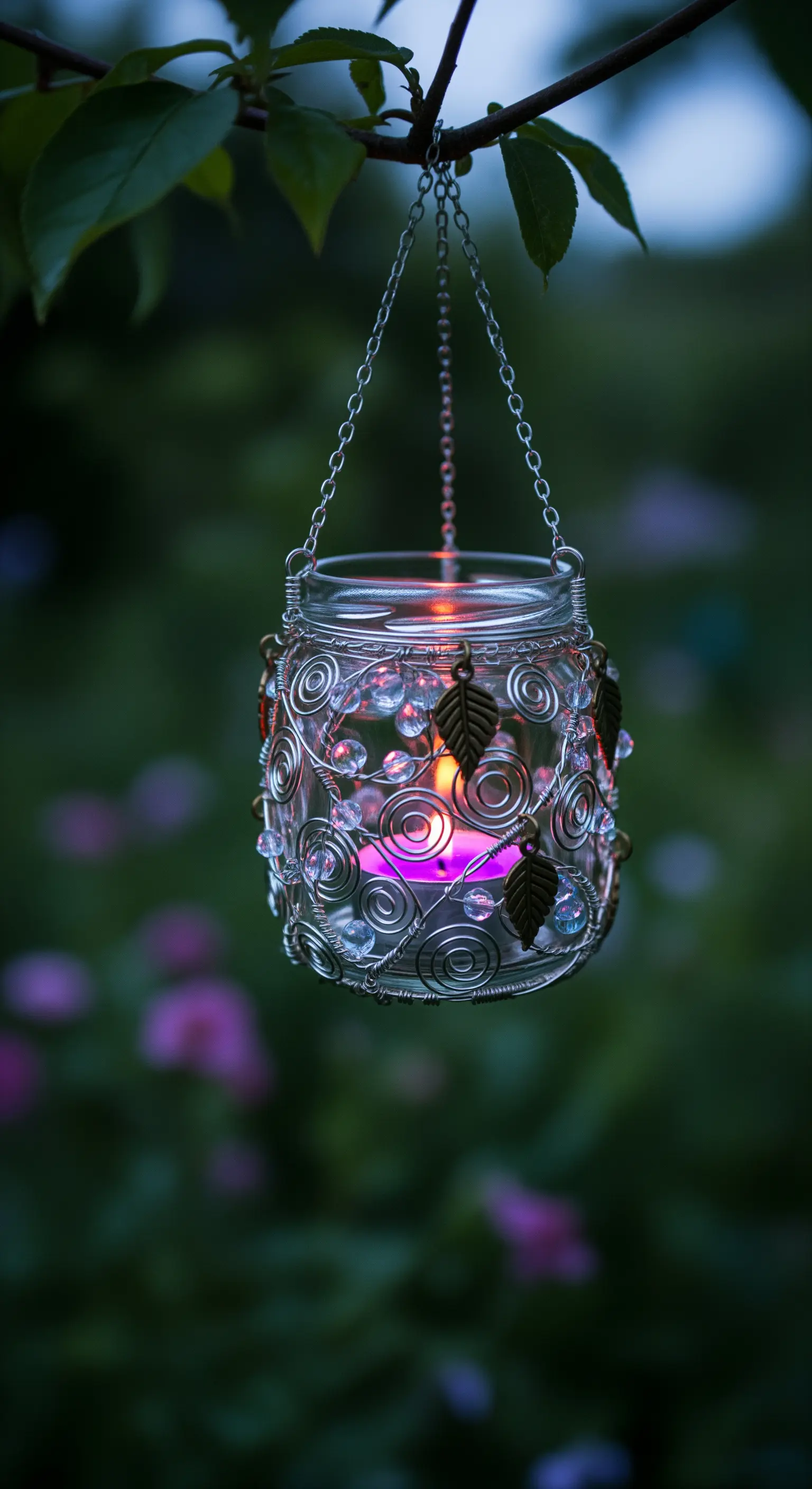 Barattolo di vetro decorato con filo d'argento a spirale, perline e ciondoli a foglia.