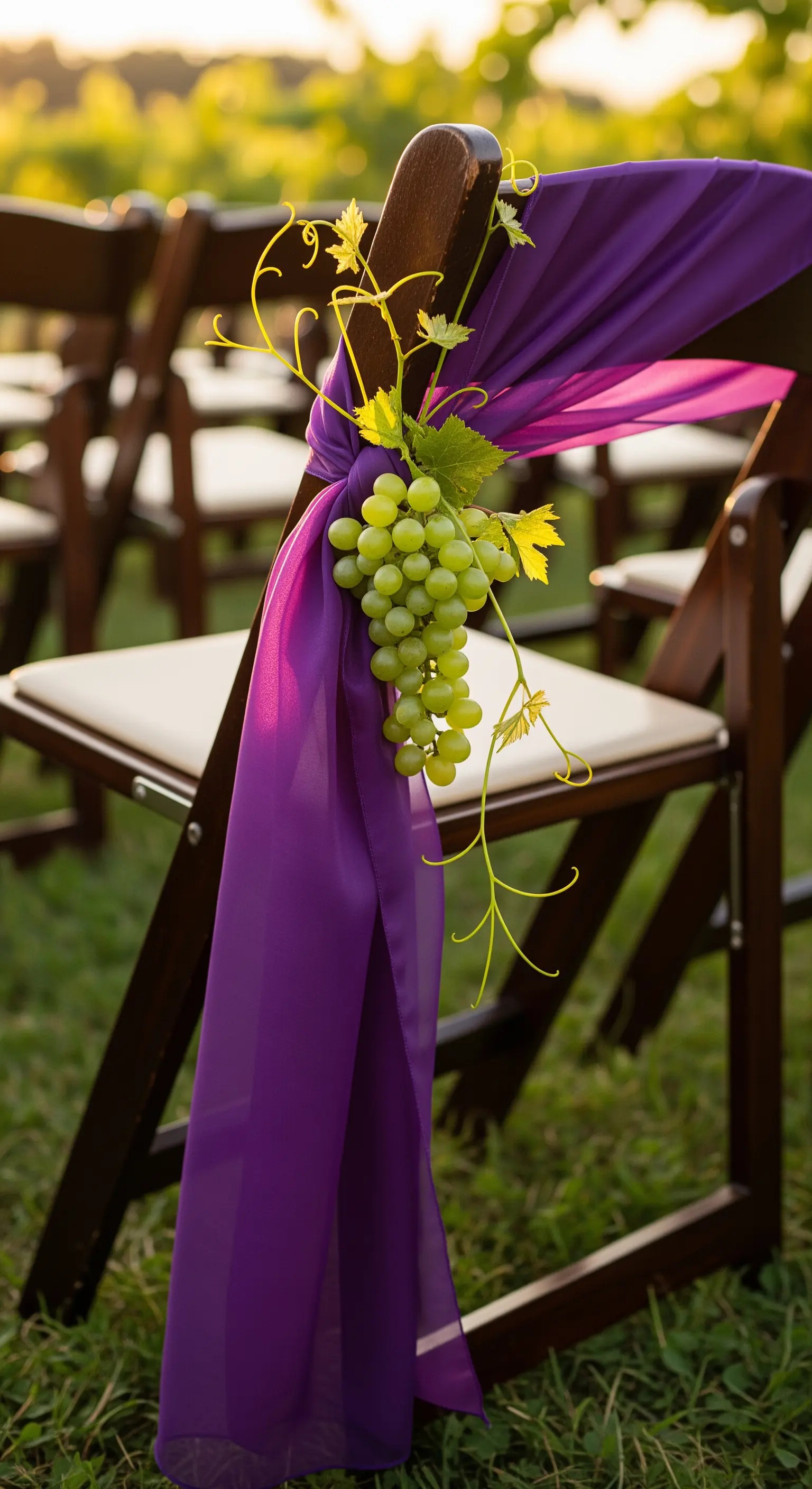 Sedia pieghevole in legno scuro con un drappo viola e un grappolo d'uva verde.