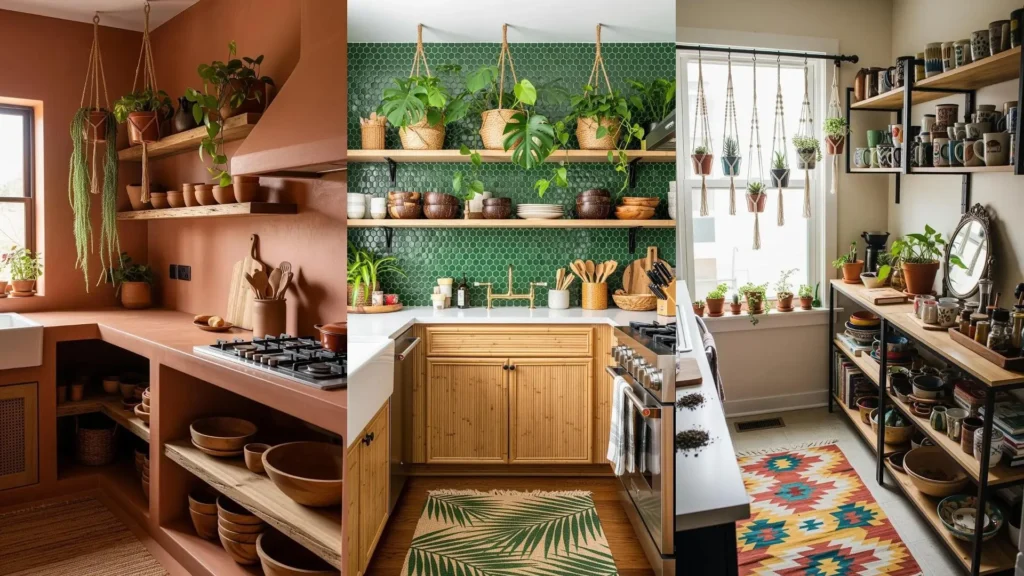 Cucine bohémien con tappeti etnici, piante sospese e scaffali aperti, perfette per uno spirito libero e naturale.