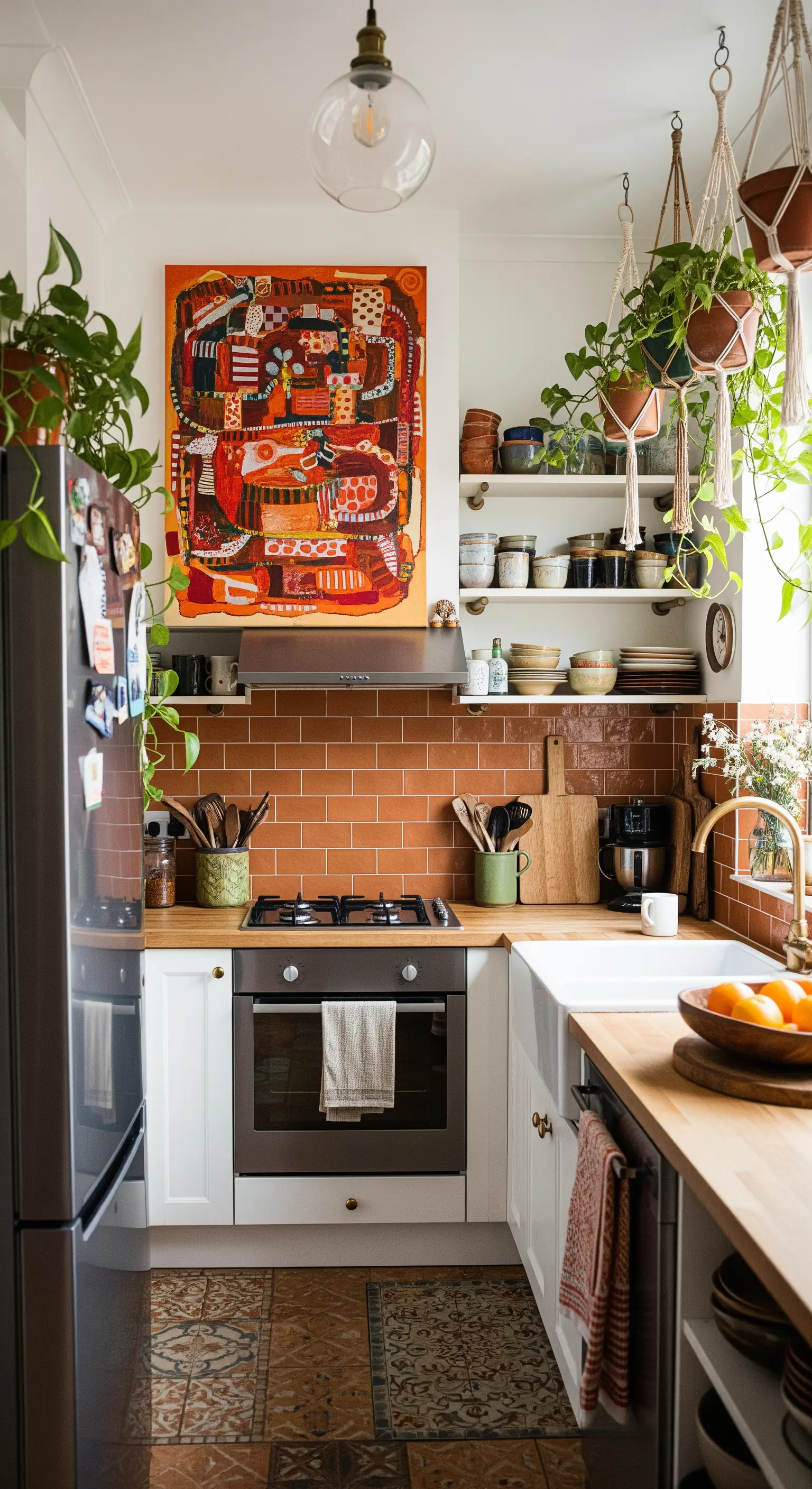Cucina bohémien con piastrelle in terracotta, piante sospese e un quadro dai motivi etnici.