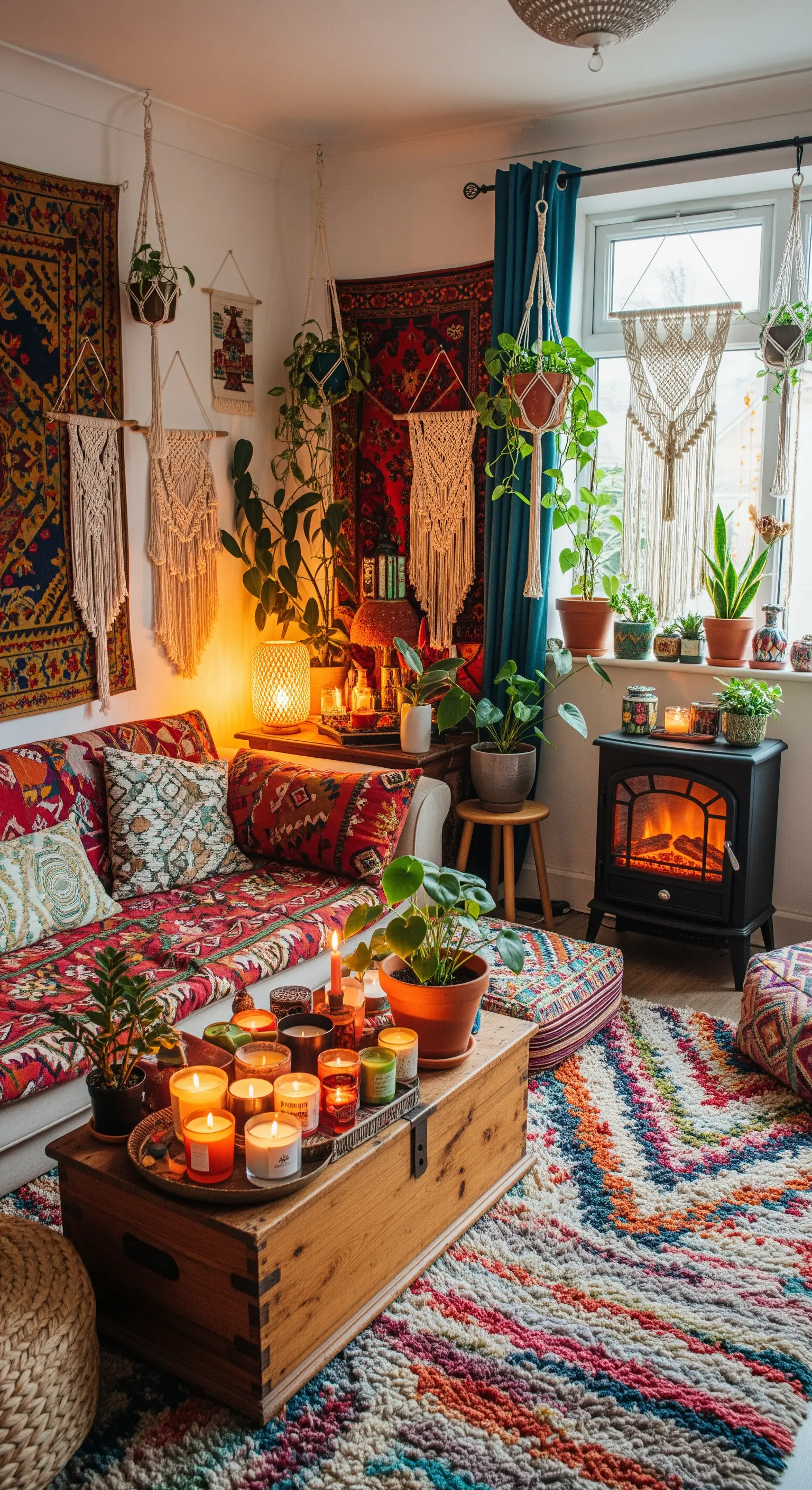 Soggiorno bohémien con tappeti colorati, piante e decorazioni in macramè.