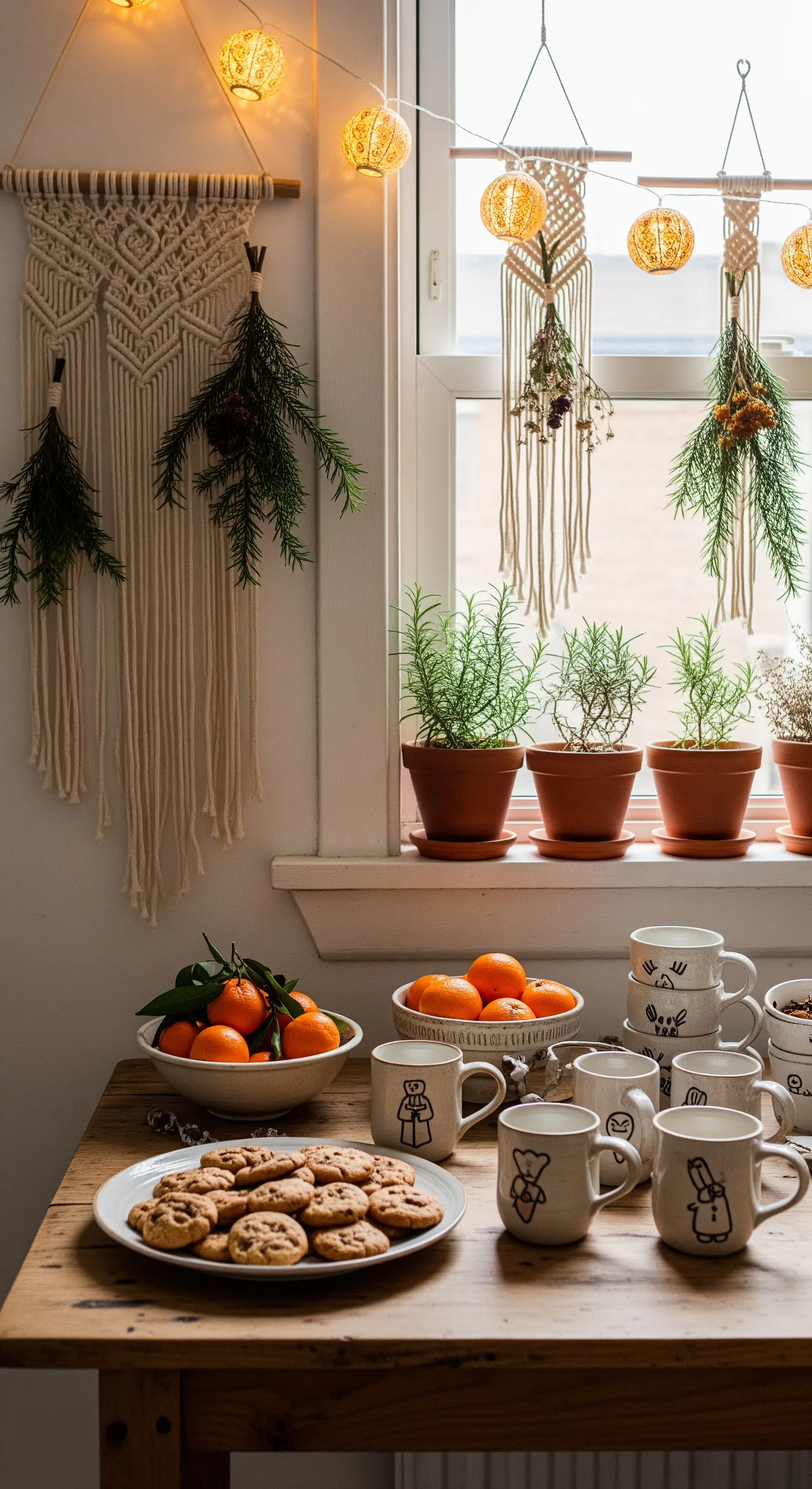 Angolo cucina in stile boho con decorazioni in macramè, piante aromatiche e luci calde.