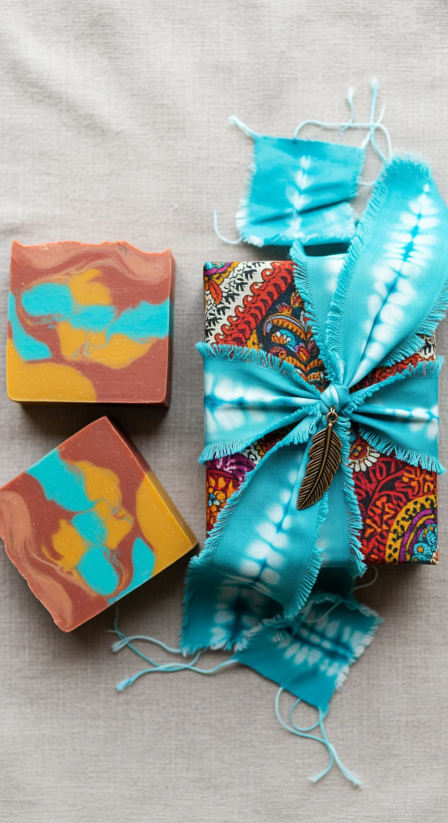 Saponi artigianali confezionati con tessuto etnico e un nastro tie-dye turchese.