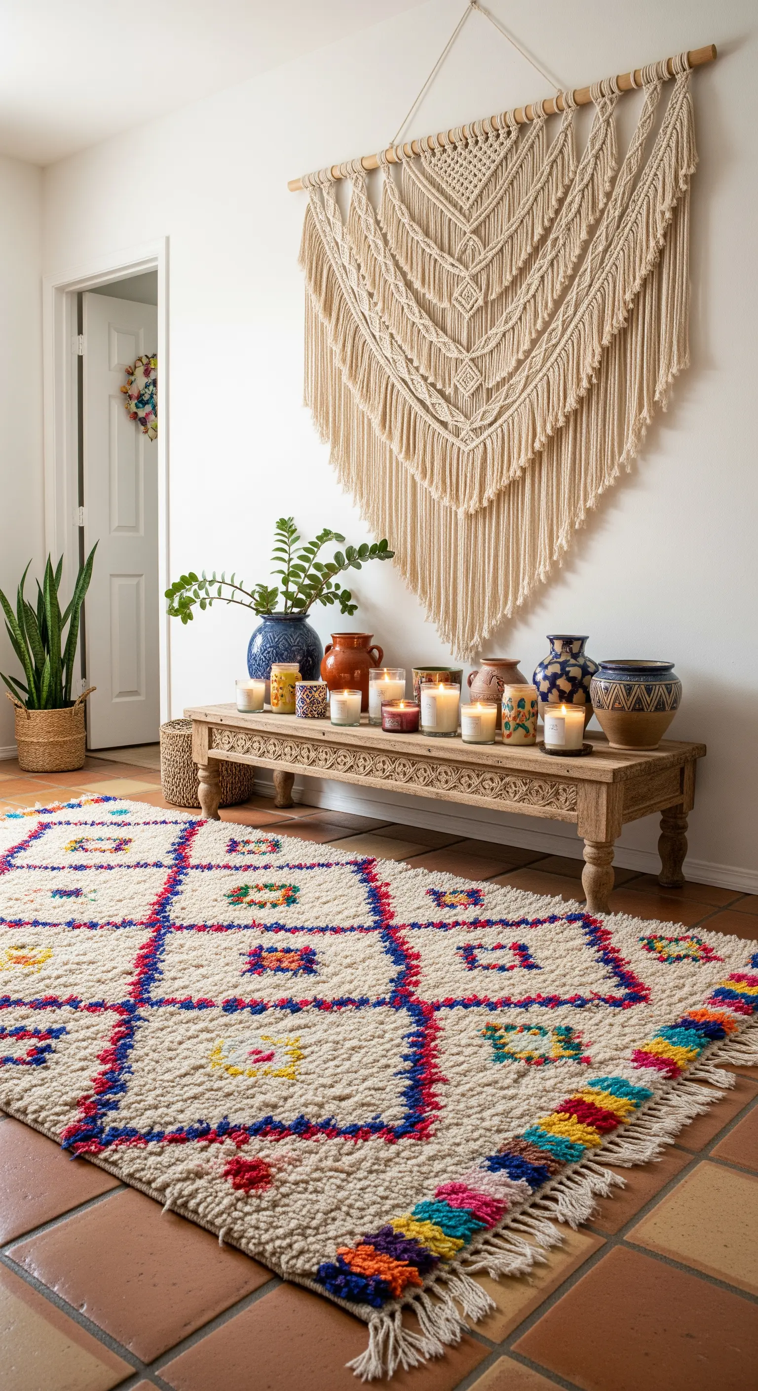 Ingresso bohémien con tappeto colorato, panca in legno con vasi e arazzo in macramè.