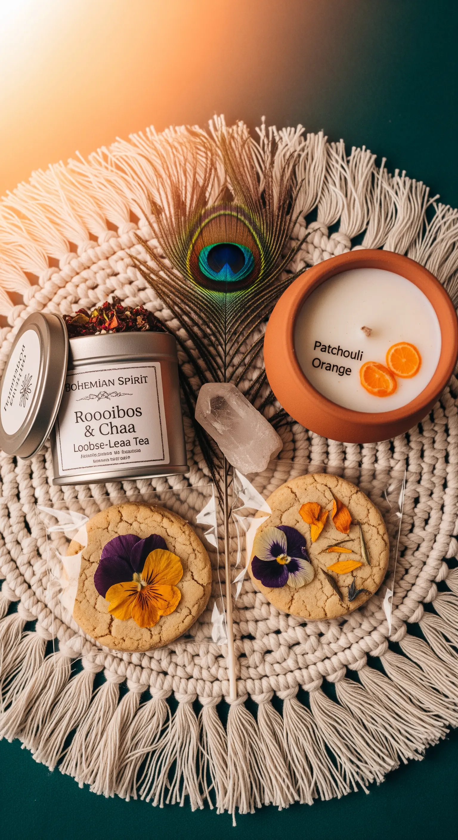 Kit regalo boho-chic con tè rooibos, biscotti con fiori eduli e piuma di pavone.
