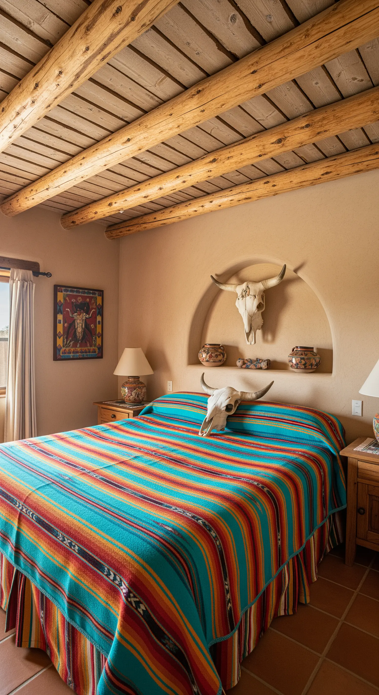 Camera da letto in stile sudoccidentale con travi a vista, pareti color terracotta e coperta colorata.