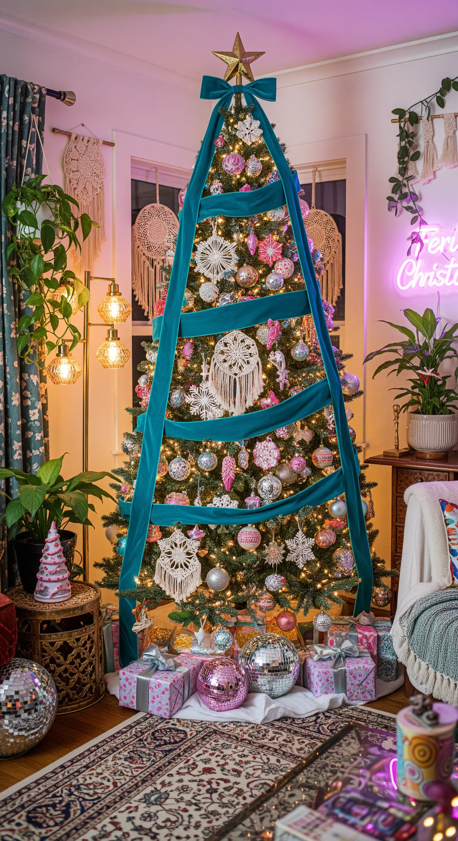 Albero di Natale eclettico con nastro in velluto petrolio, macramè e palline specchiate