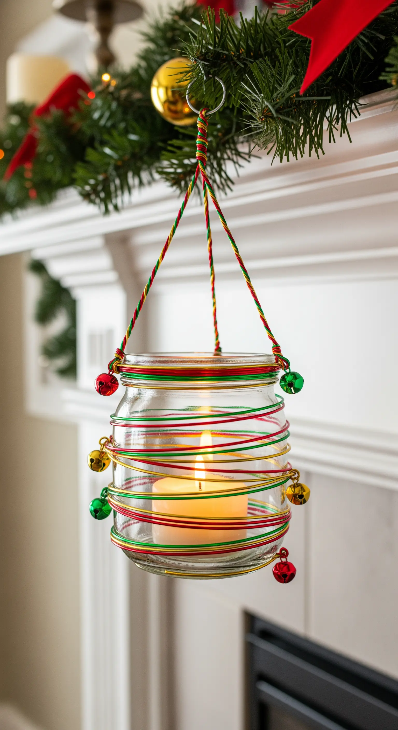 Portacandela natalizio con barattolo avvolto in fili colorati e campanelli.