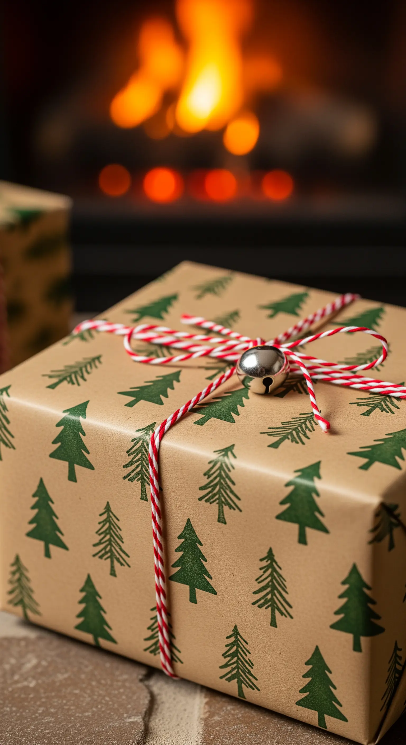 Pacco regalo in carta kraft con alberelli verdi stampati e un sonaglio legato con spago.