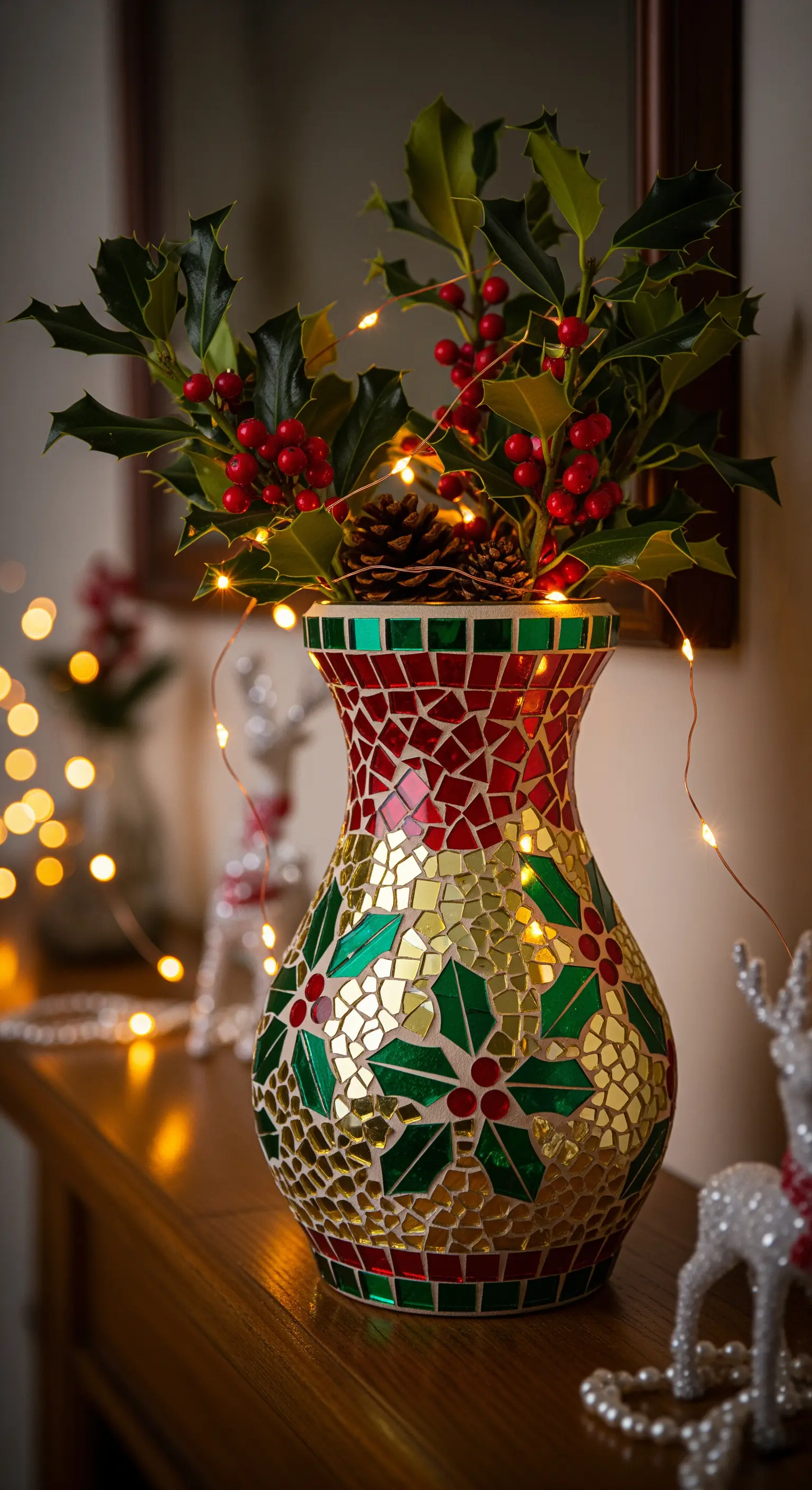 Vaso a mosaico con motivo natalizio nei colori rosso, verde e oro, illuminato da un filo di luci.