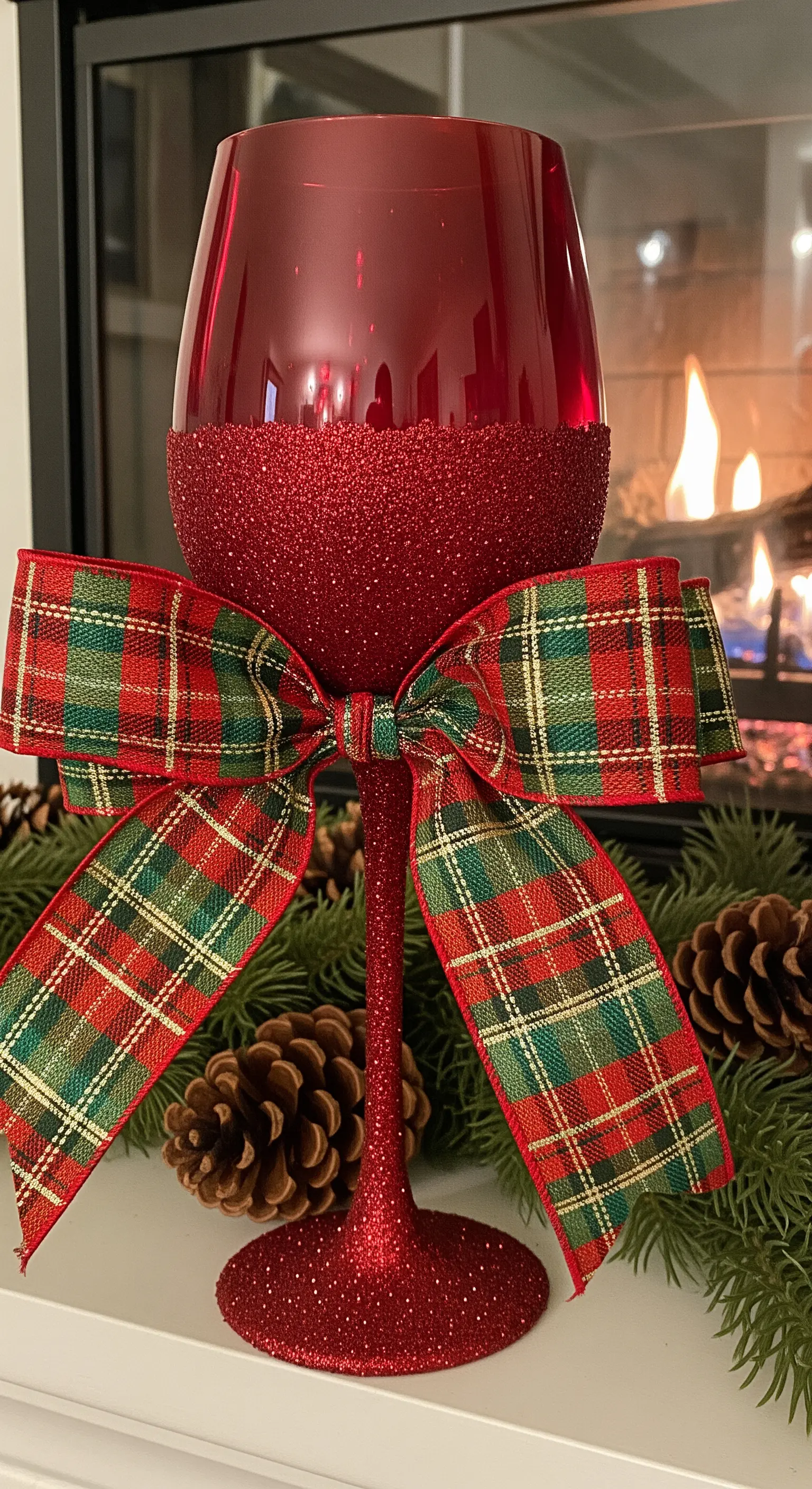 Calice rosso con glitter e un grande fiocco in tessuto tartan.
