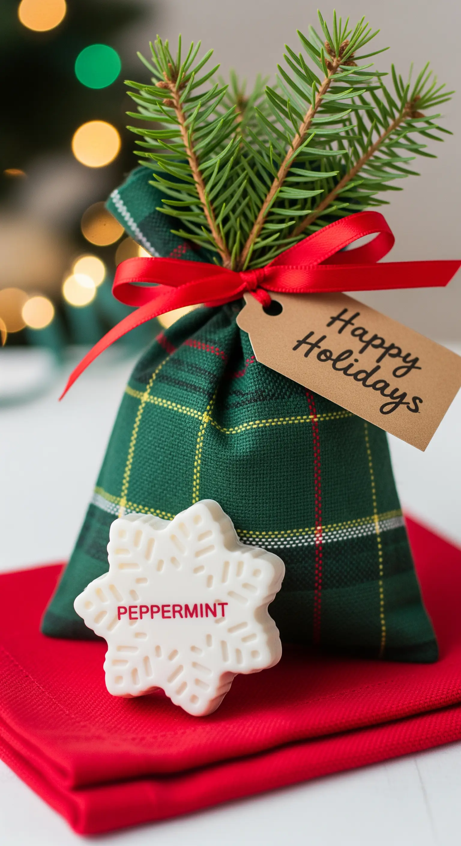 Sapone alla menta a forma di fiocco di neve e un sacchetto in tartan con etichetta 