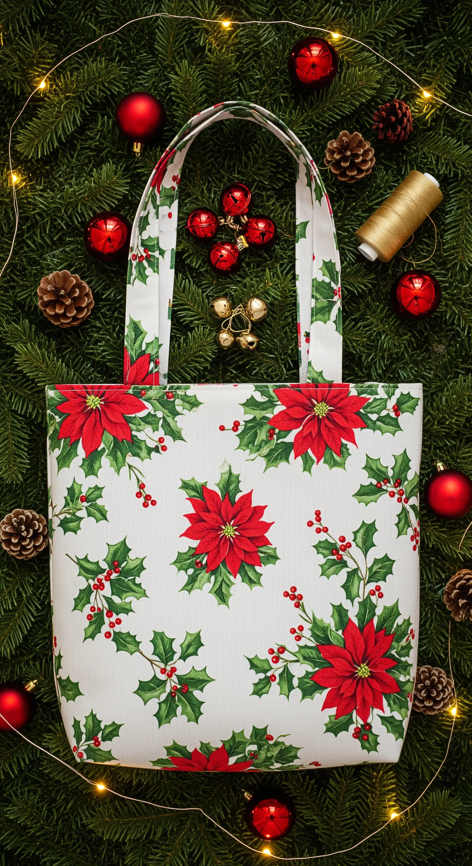 Borsa shopper a tema natalizio con stampa di stelle di Natale, agrifoglio e bacche rosse.