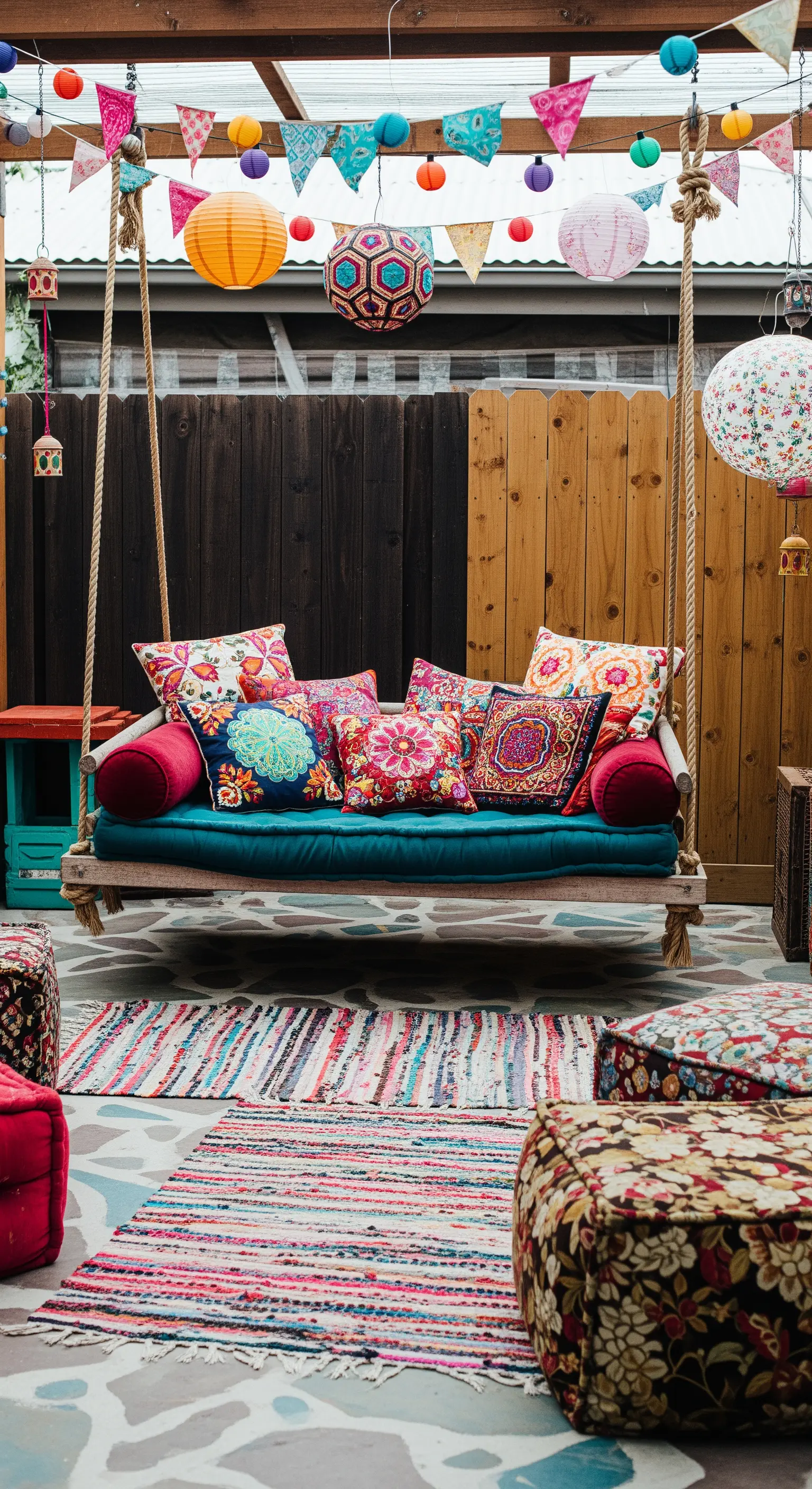 Patio eclettico con altalena-divano, cuscini coloratissimi, tappeti patchwork e luci festive.
