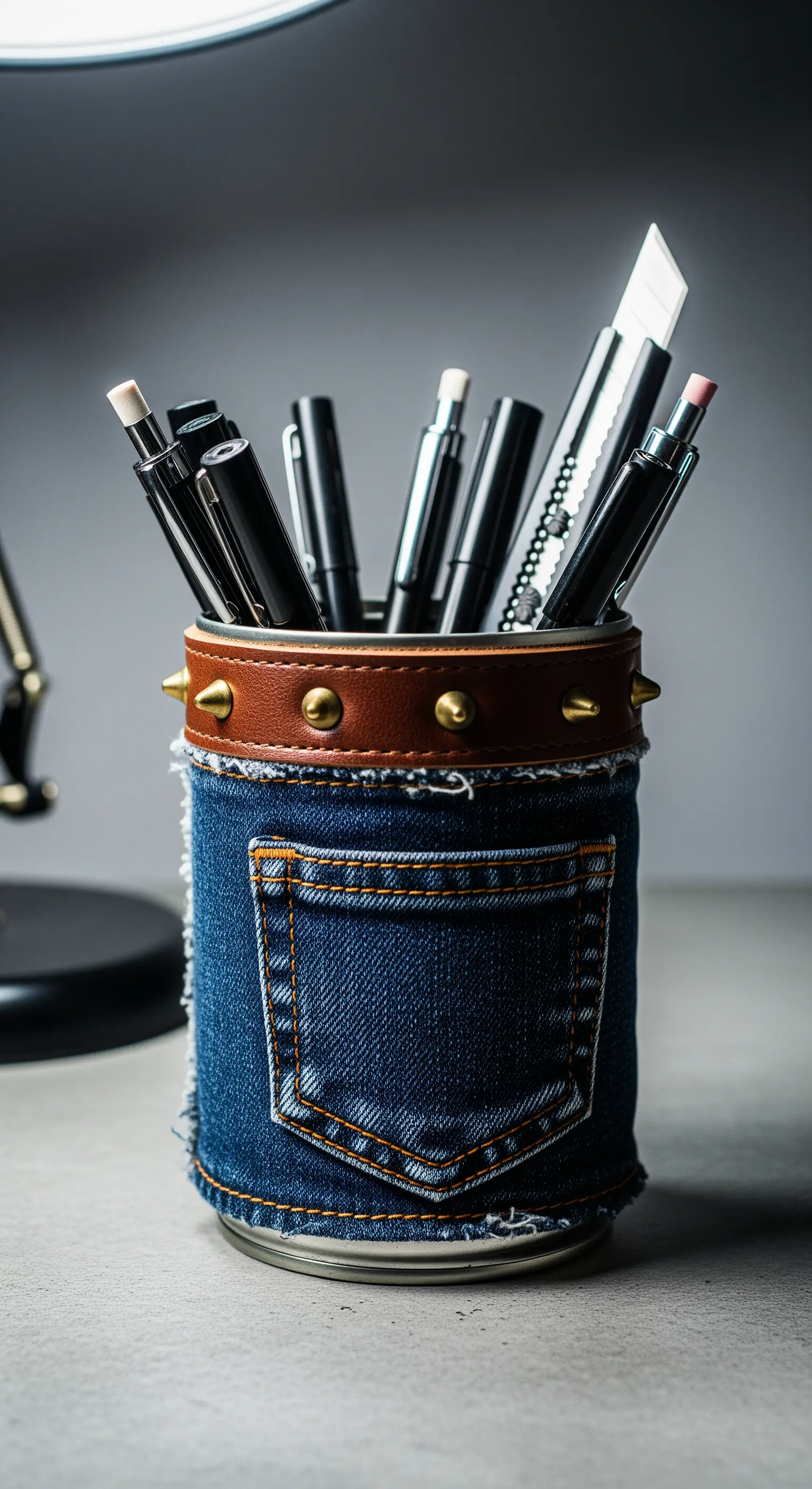 Portamatite fatto con una lattina rivestita di denim, con tasca, ecopelle e borchie.