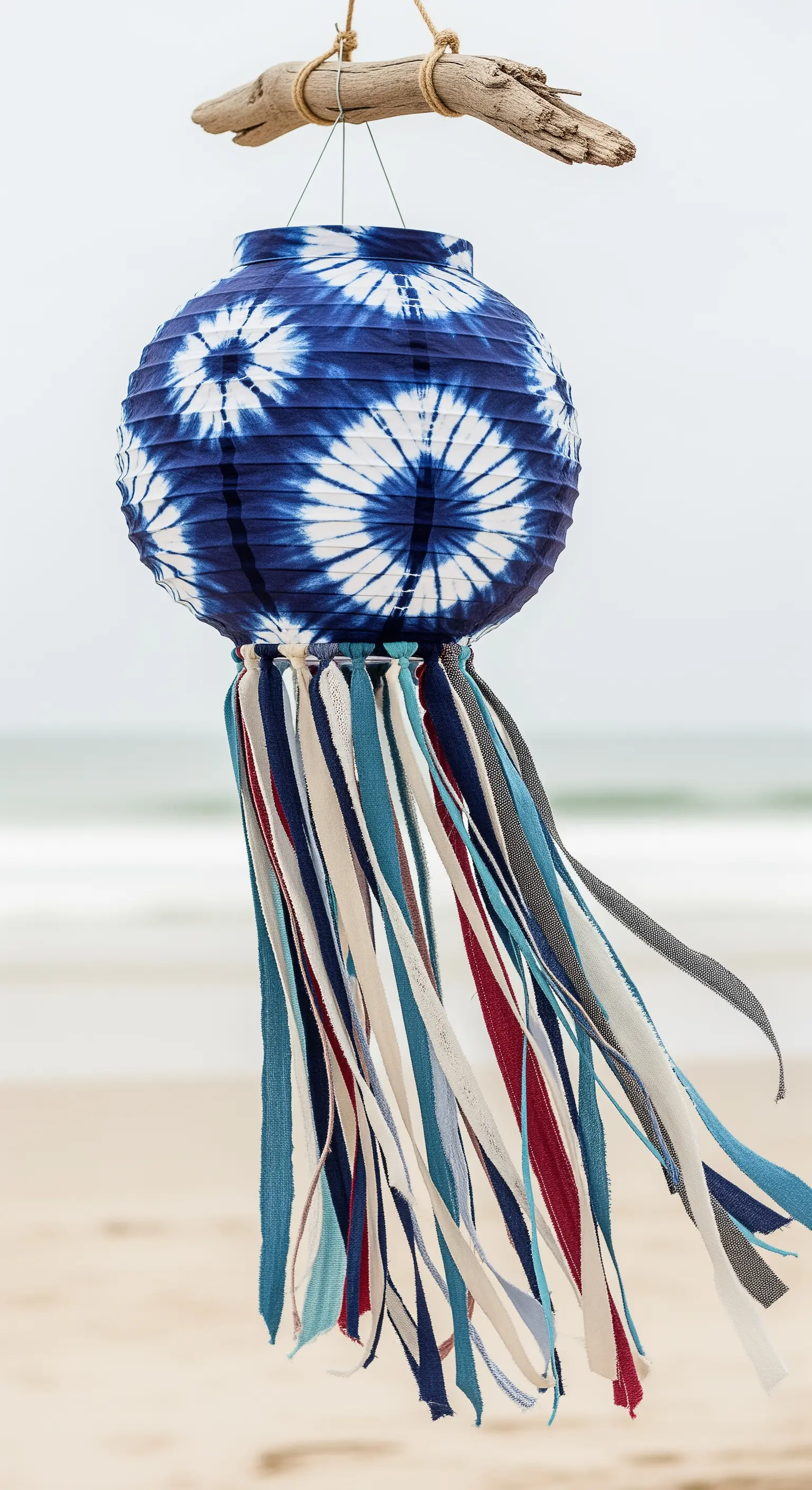 Lanterna di carta con motivo tie-dye blu e bianco e strisce di tessuto, appesa su una spiaggia.