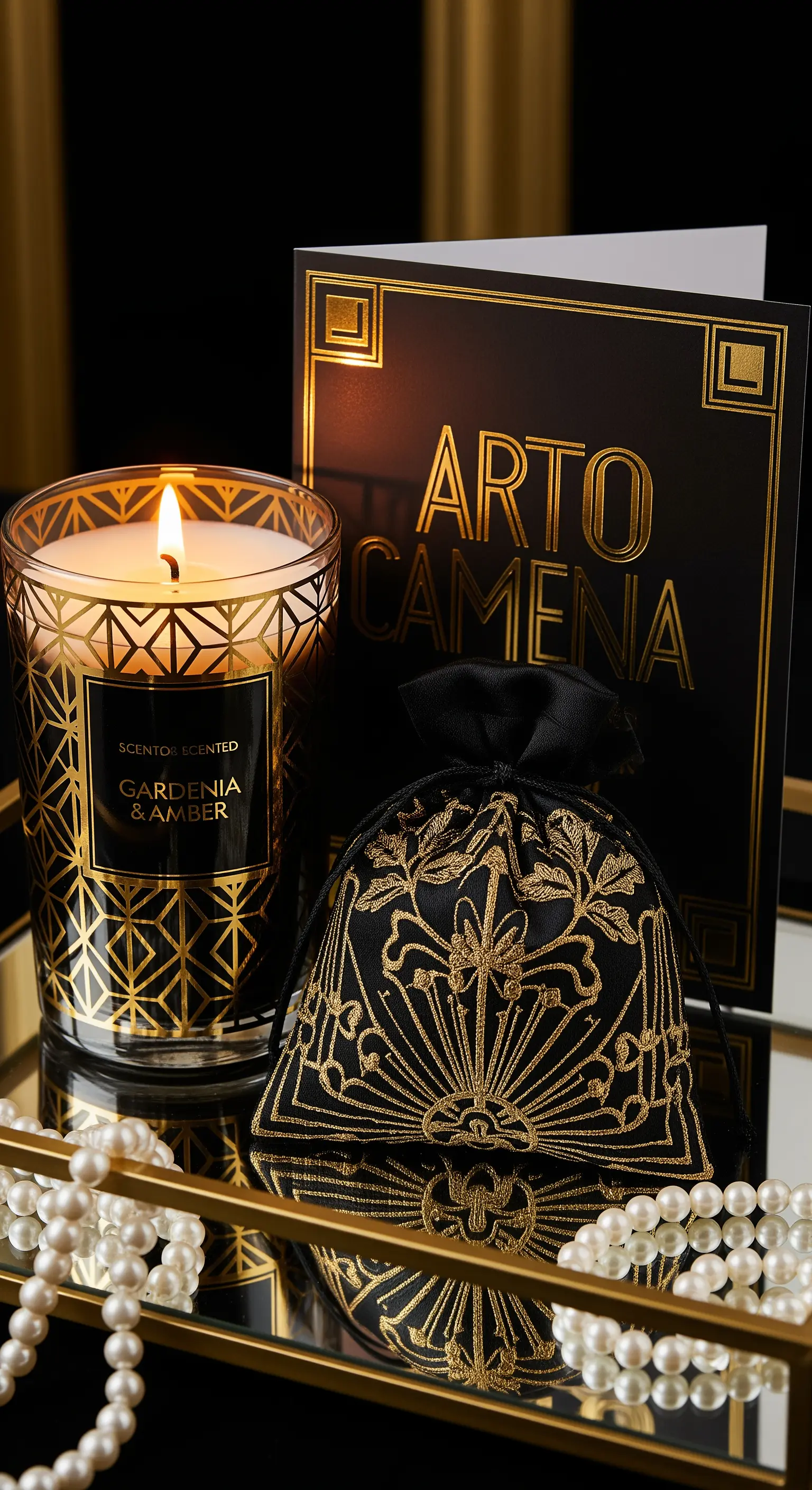 Candela in stile Art Déco, sacchetto nero e oro ricamato e un filo di perle su vassoio a specchio.