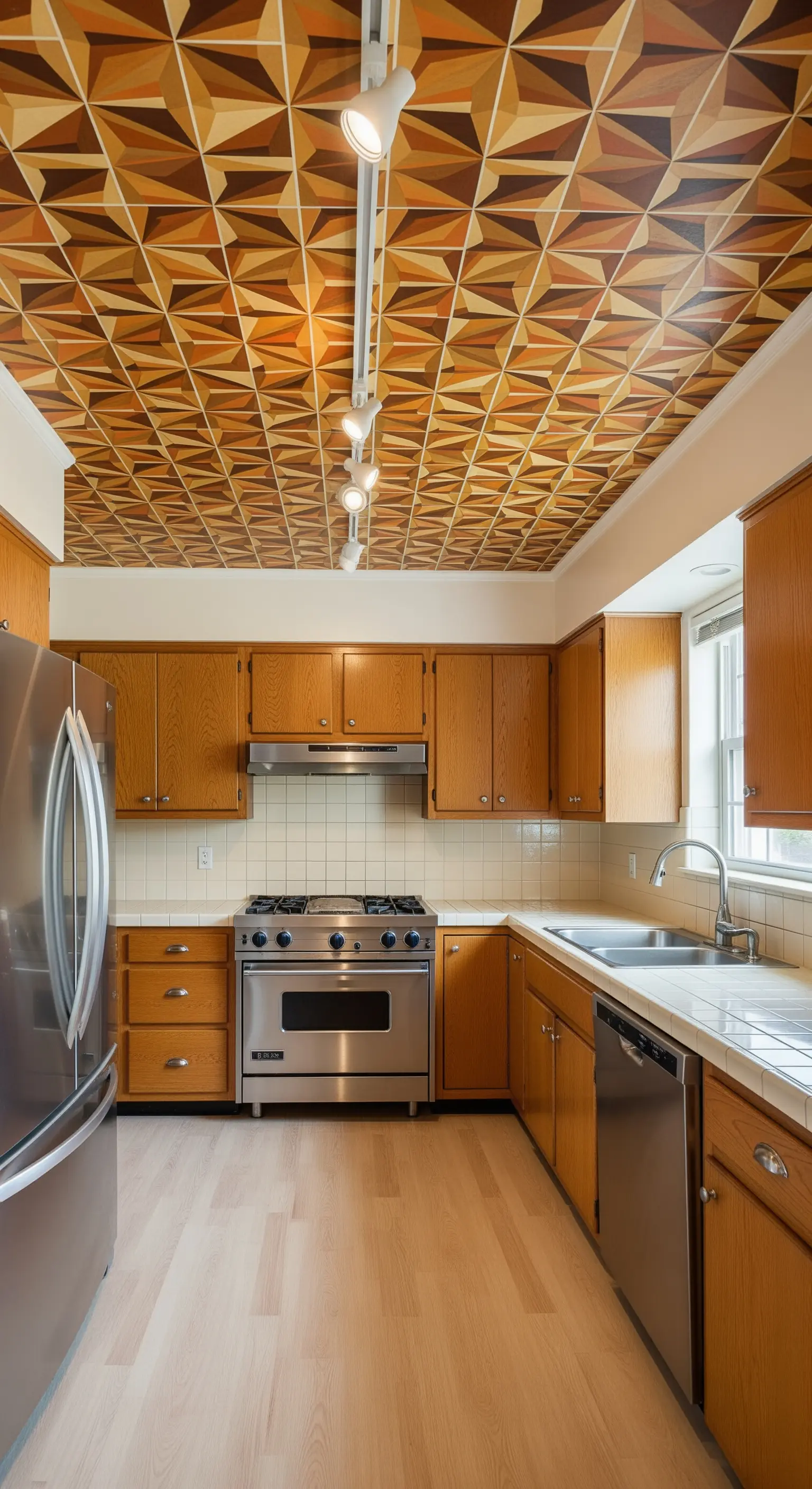 Cucina con mobili in legno e soffitto rivestito con carta da parati geometrica marrone e arancione.