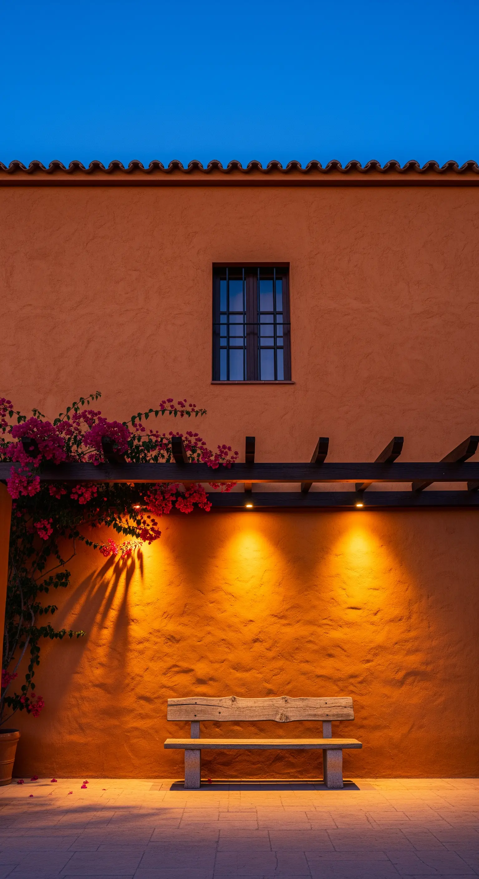 Parete color terracotta illuminata da faretti che creano ombre suggestive sulla bouganville.