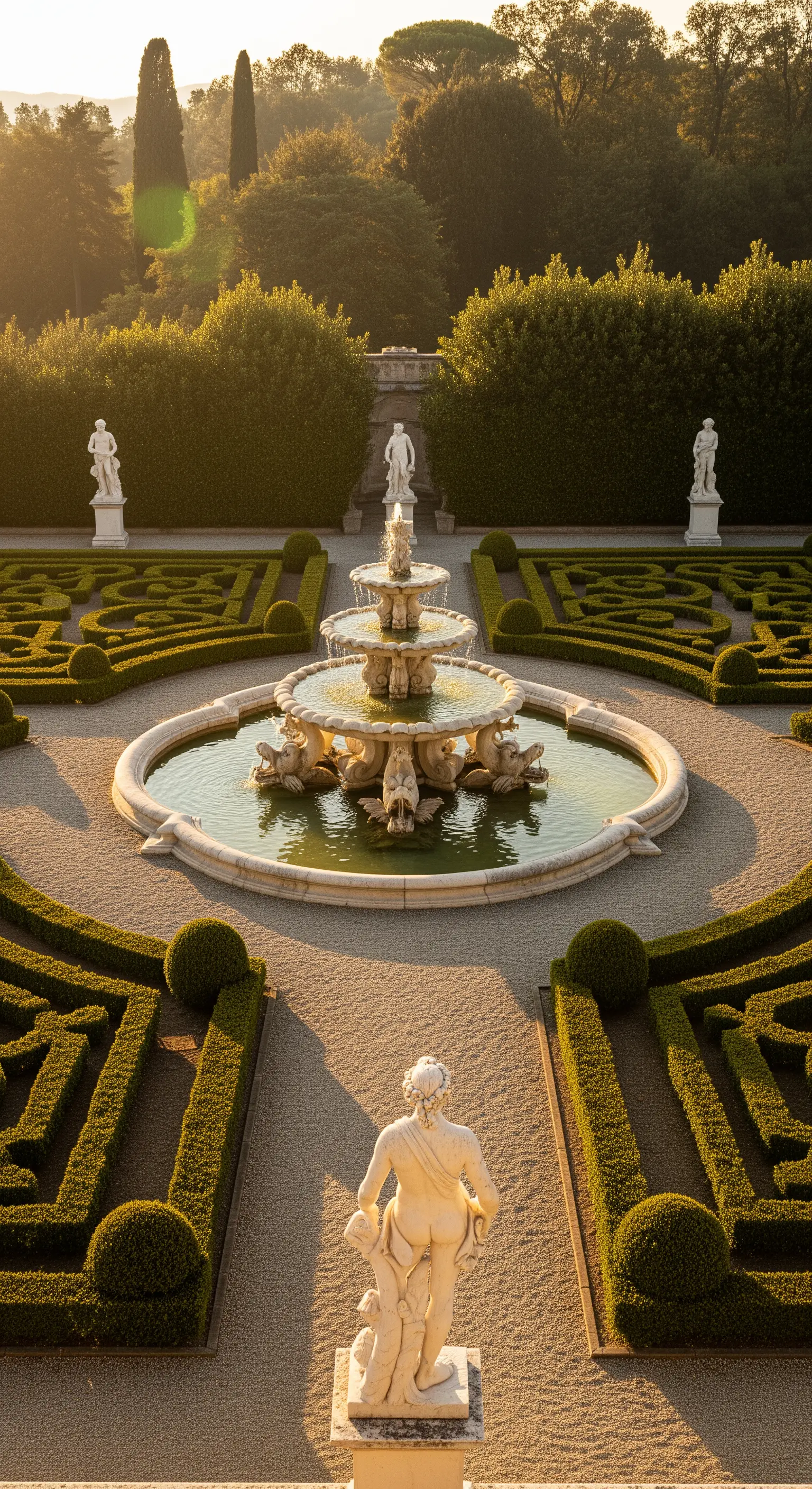 Giardino all'italiana con fontana centrale a più livelli, siepi geometriche e statue classiche