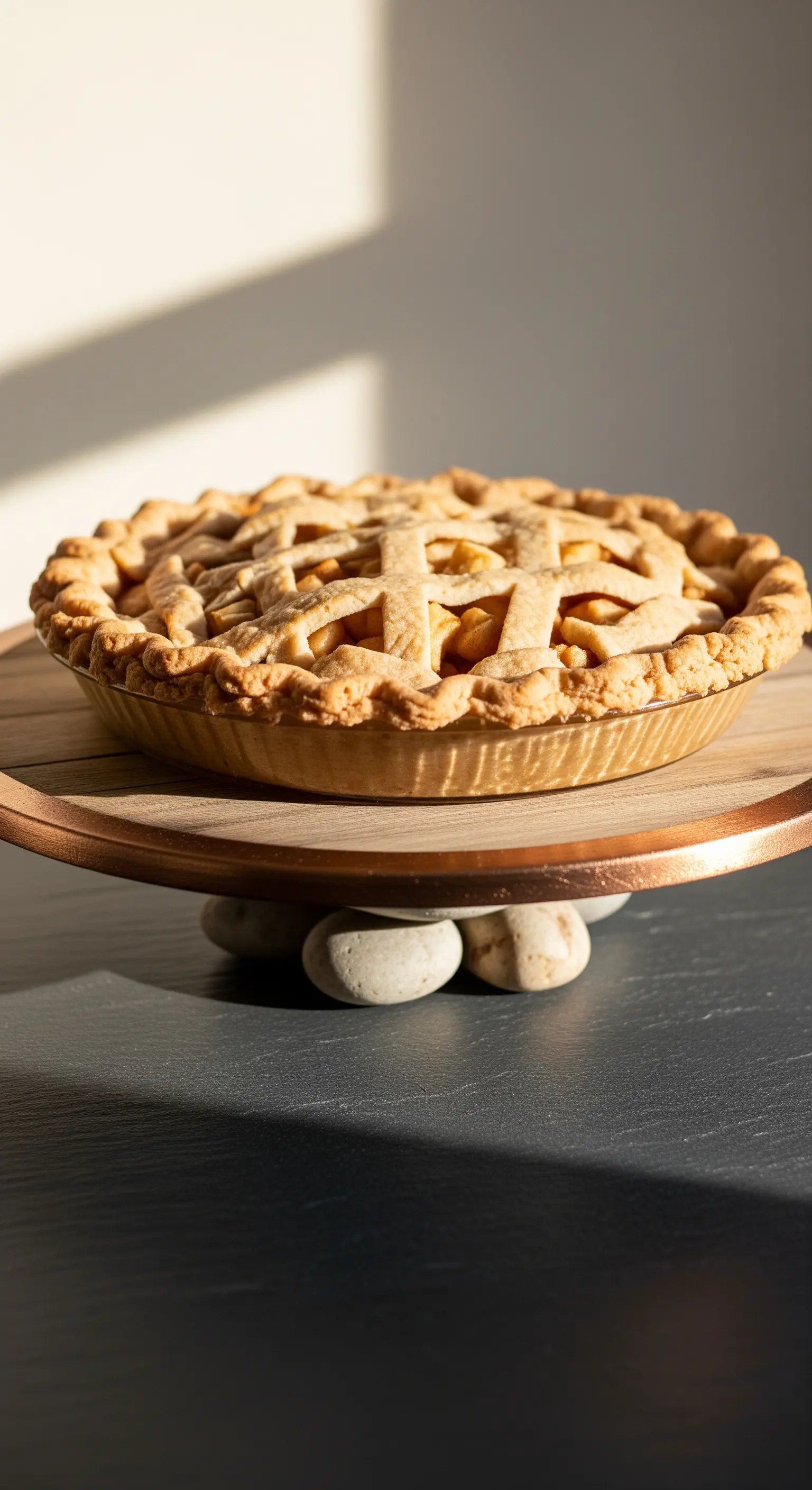 Alzata per torta con vassoio in legno e base formata da sassi di fiume levigati