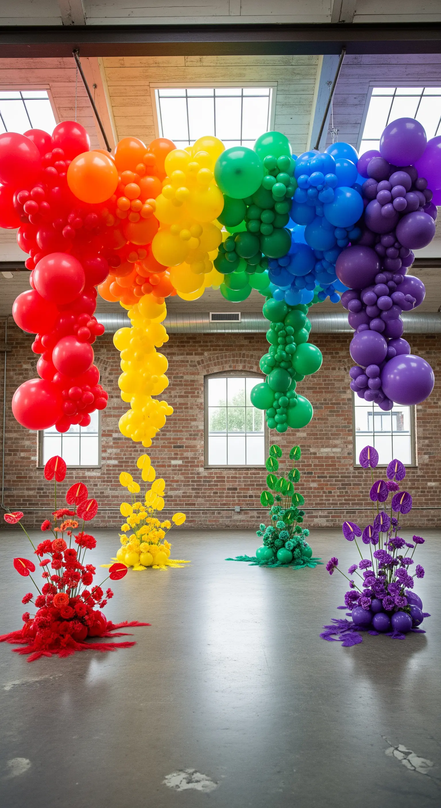 Installazioni verticali di palloncini arcobaleno che scendono dal soffitto di un loft.