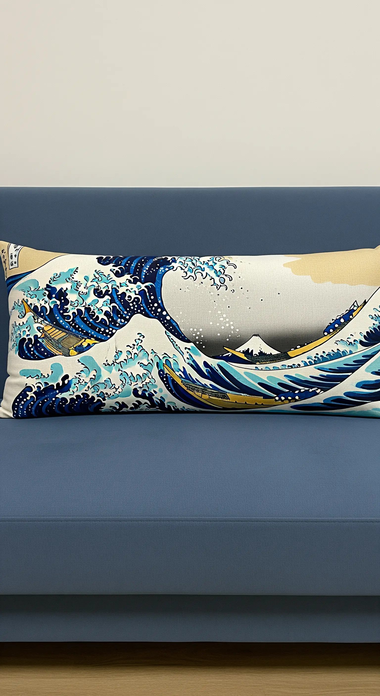 Cuscino rettangolare con la stampa della famosa opera 'La Grande Onda' di Hokusai.