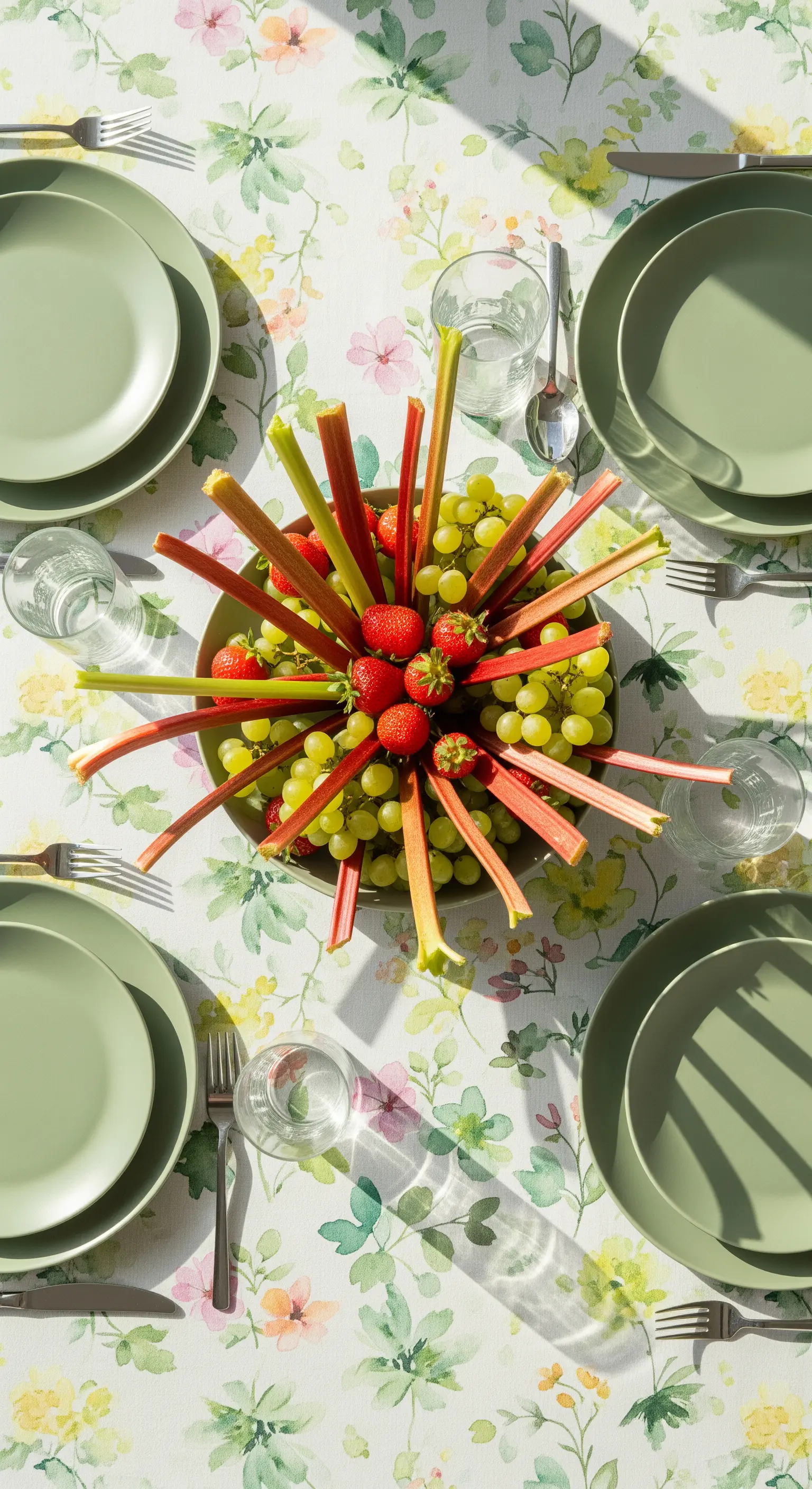 Centrotavola scultoreo con rabarbaro su tovaglia floreale.