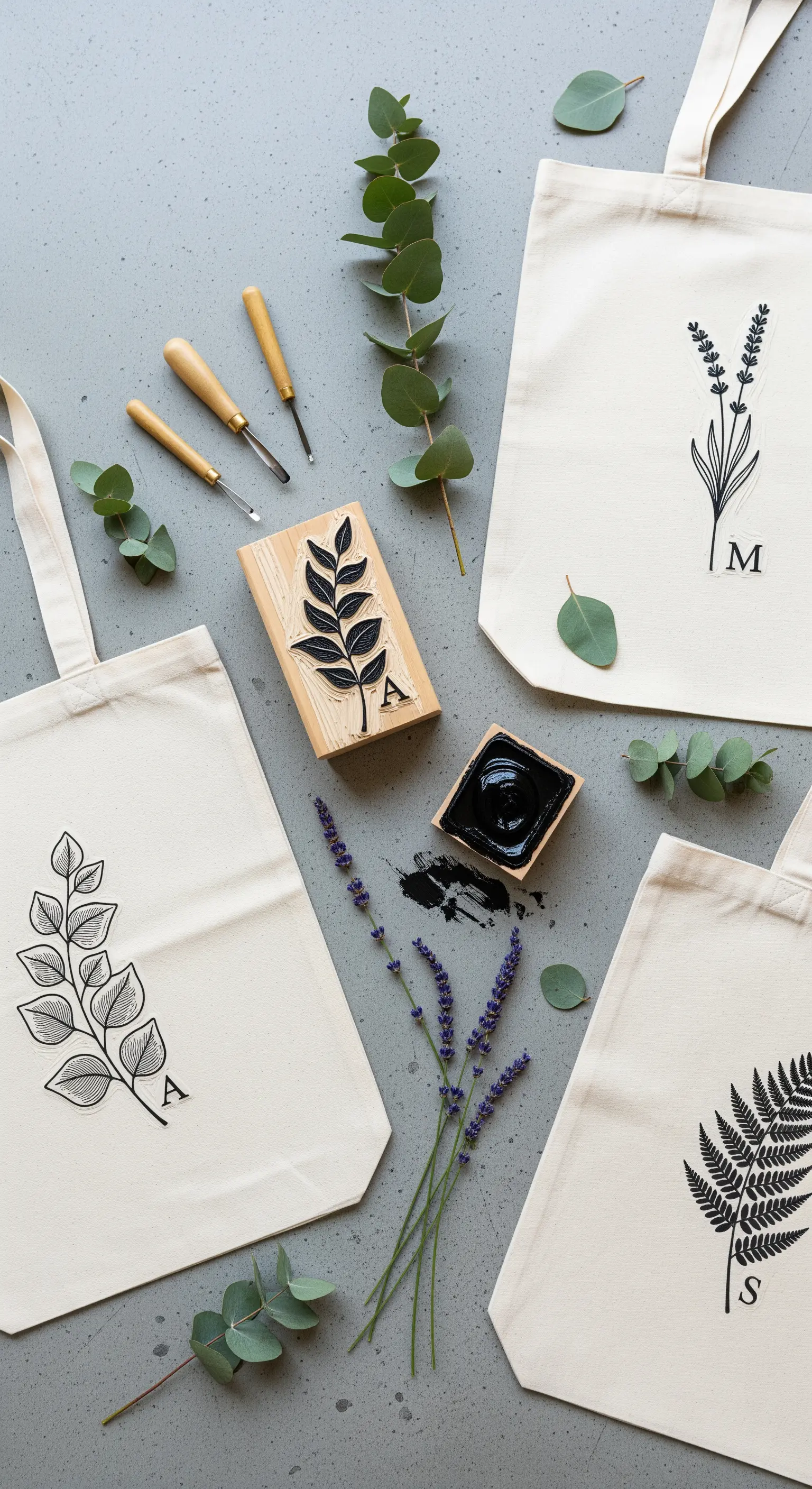 Shopper in tela personalizzate con timbri botanici e iniziali, fatte a mano