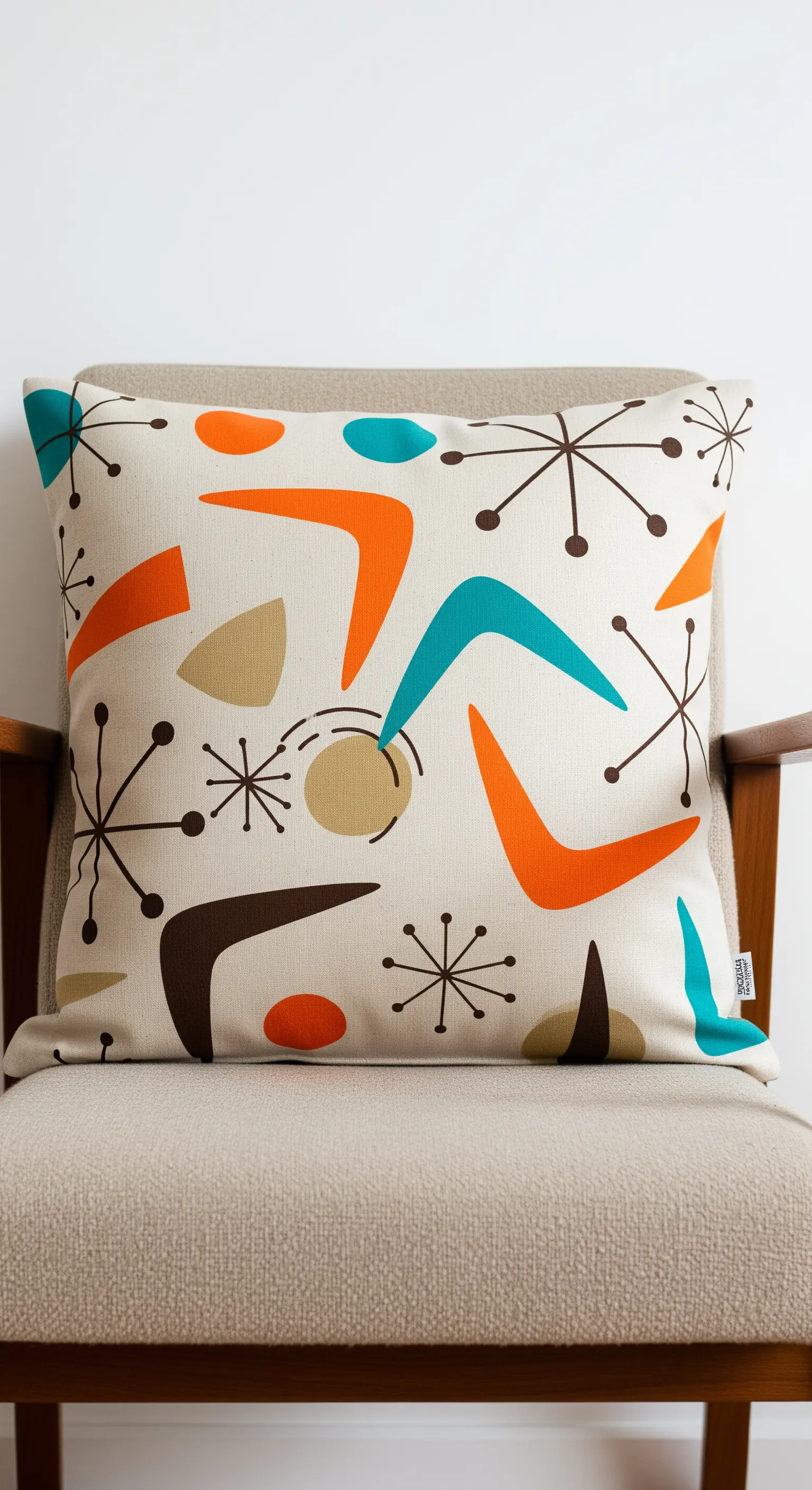 Cuscino con un motivo astratto in stile Mid-Century Modern con colori arancio, turchese e marrone.