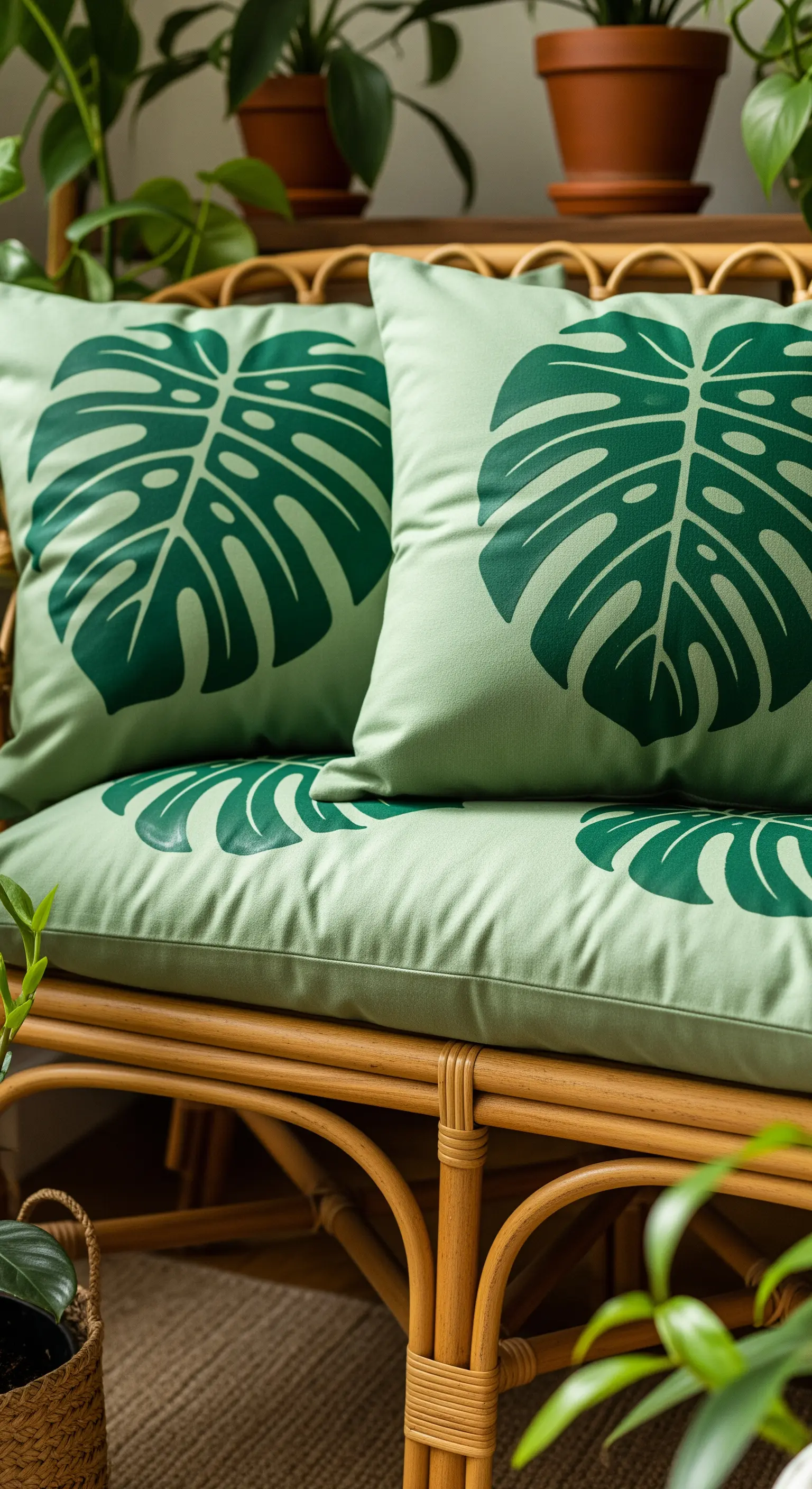 Cuscini verde chiaro con grandi foglie di Monstera stampate in verde scuro su una panca di bambù.