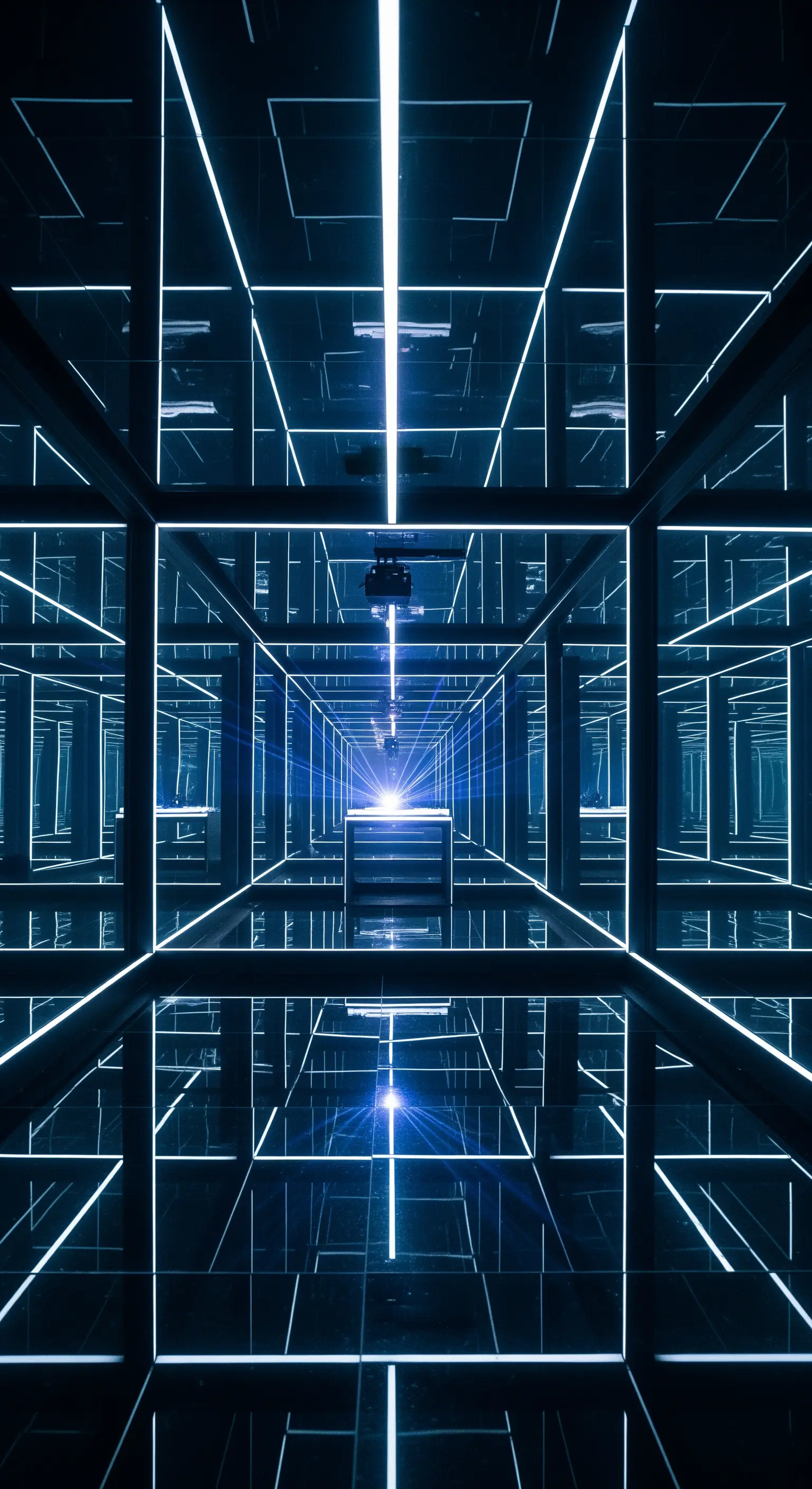 Corridoio a specchio con strisce LED bianche che creano un effetto di infinito.