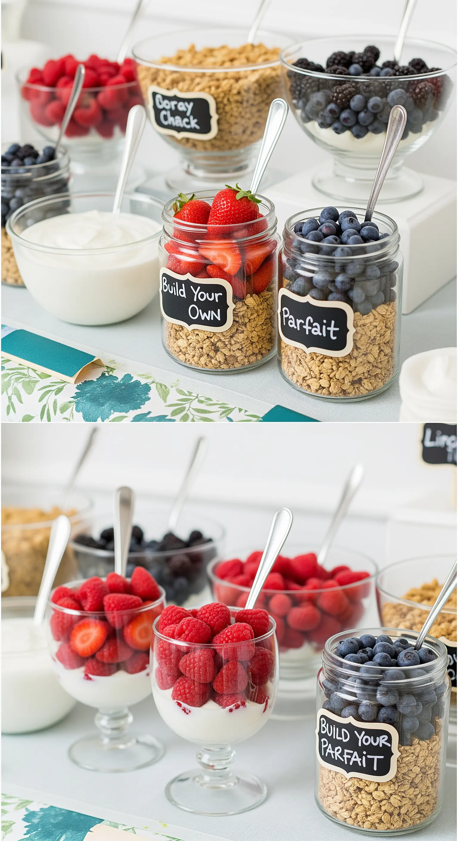 Bar per parfait fai-da-te con yogurt, granola e frutti di bosco in barattoli di vetro