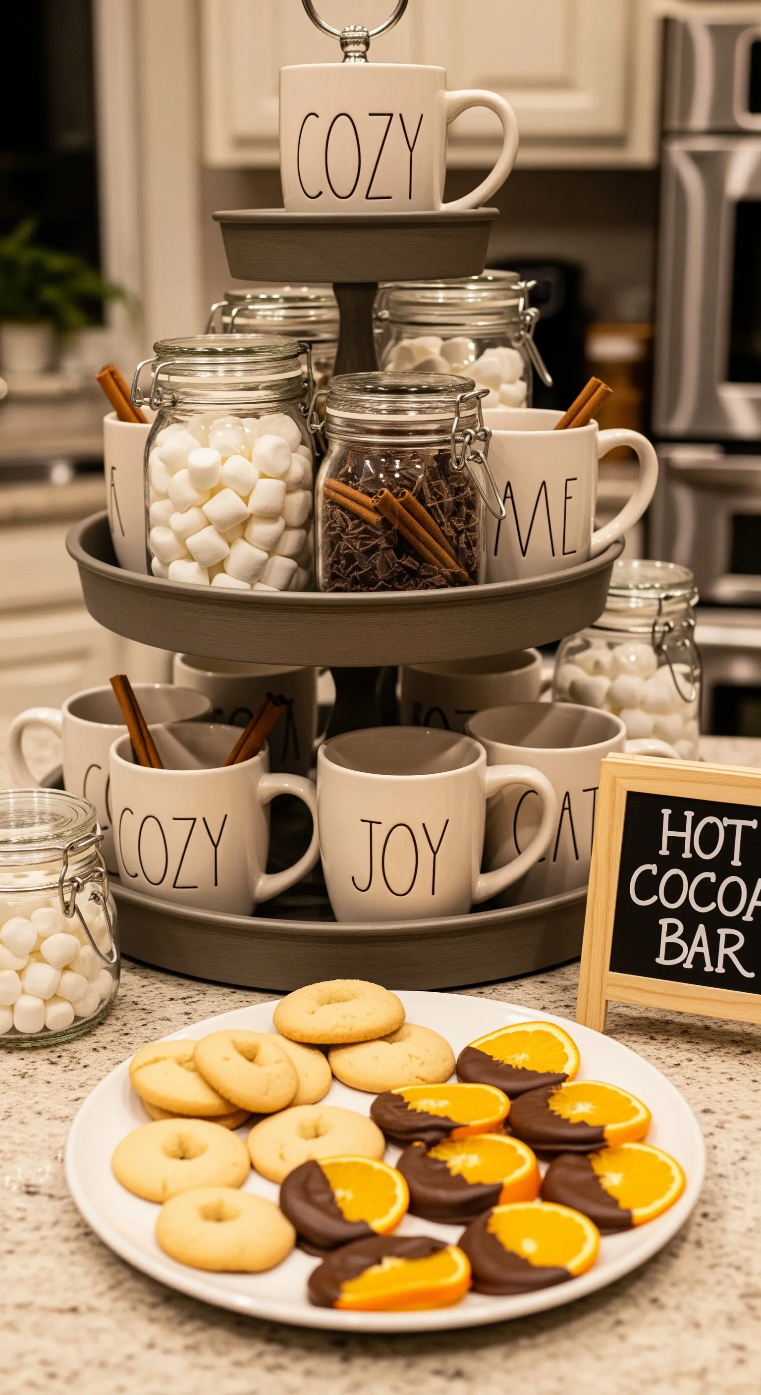 Alzàta a più piani con tazze e barattoli per una postazione di cioccolata calda, con biscotti e arance.