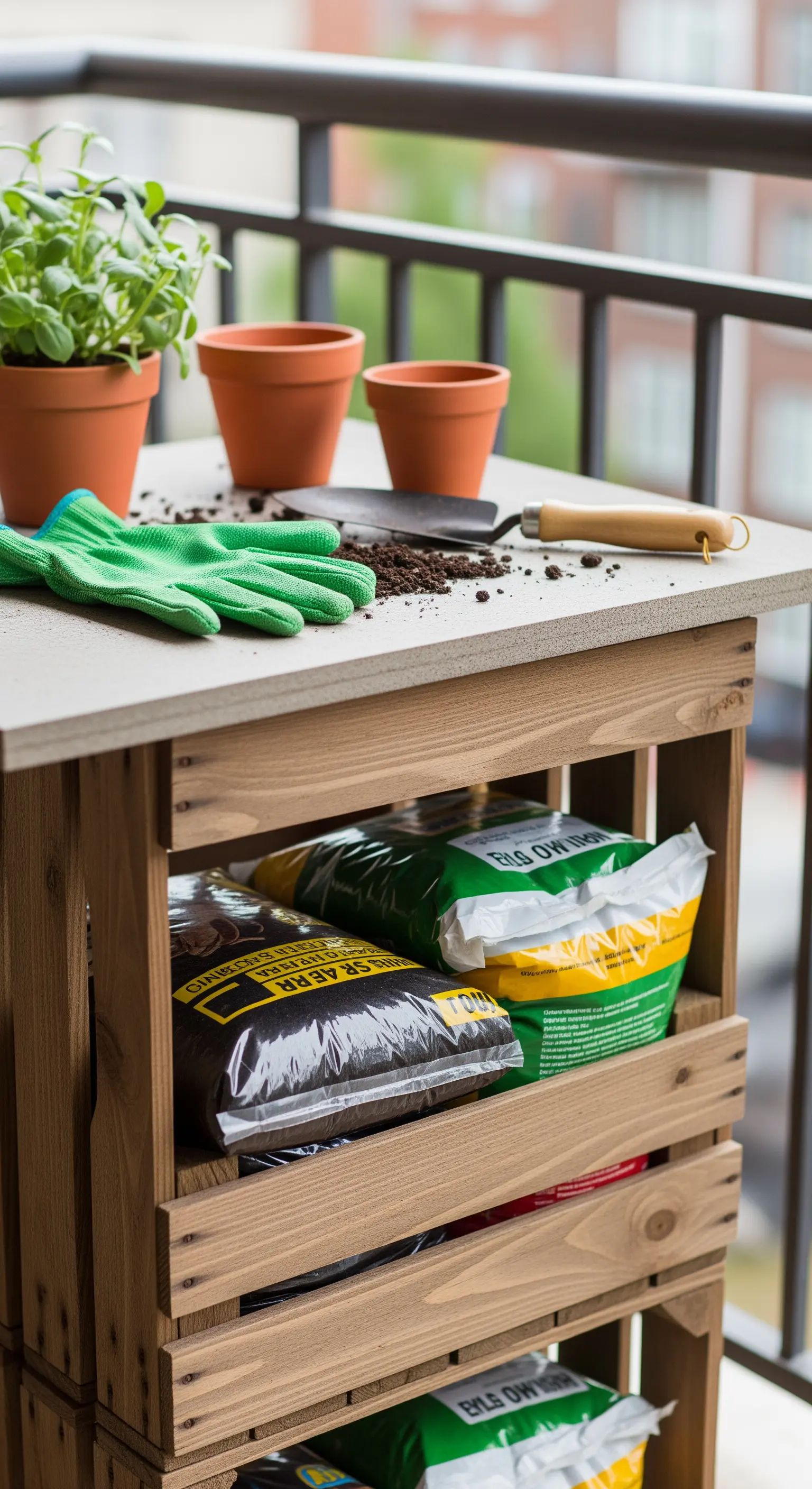 Piccolo banco da giardinaggio fai-da-te realizzato con cassette di legno su un balcone.