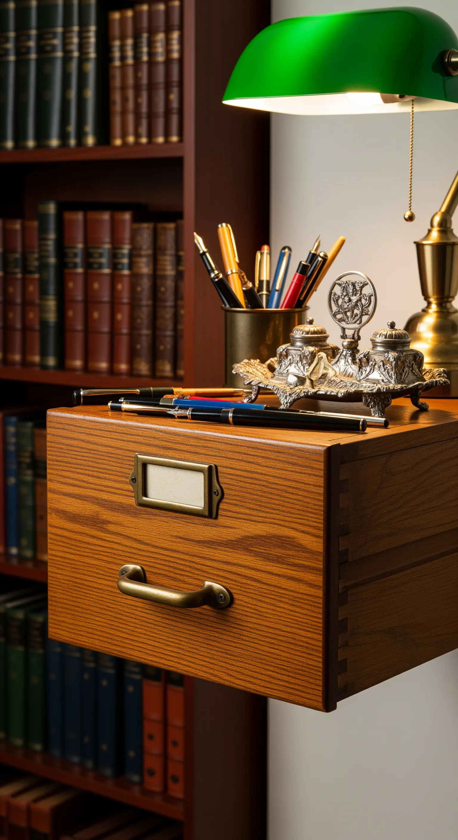 Cassetto da ufficio vintage in legno, usato come mensola da scrivania per libri e penne stilografiche.