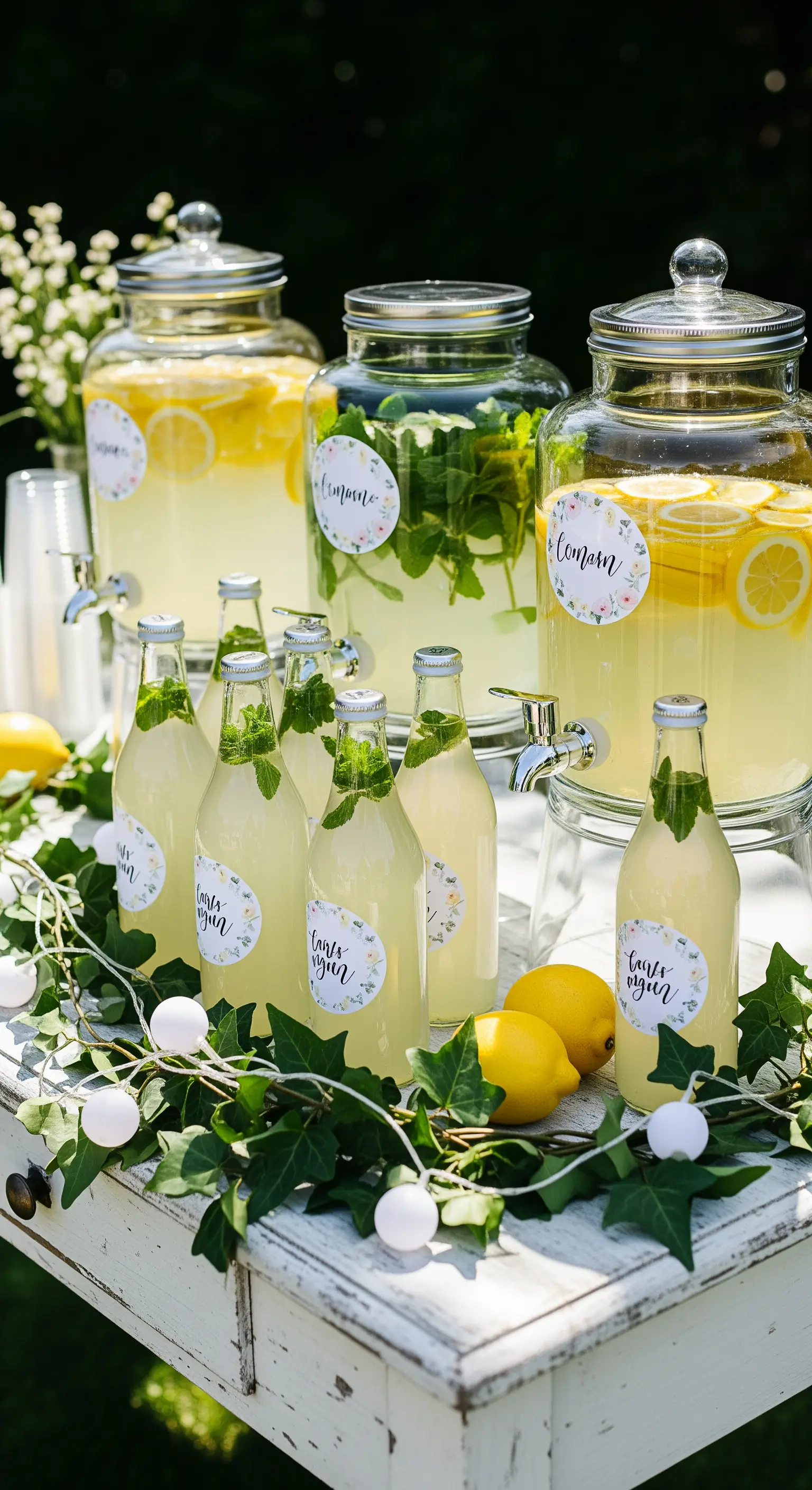 Drink station con dispenser di limonata, bottigliette coordinate, etichette floreali ed edera.