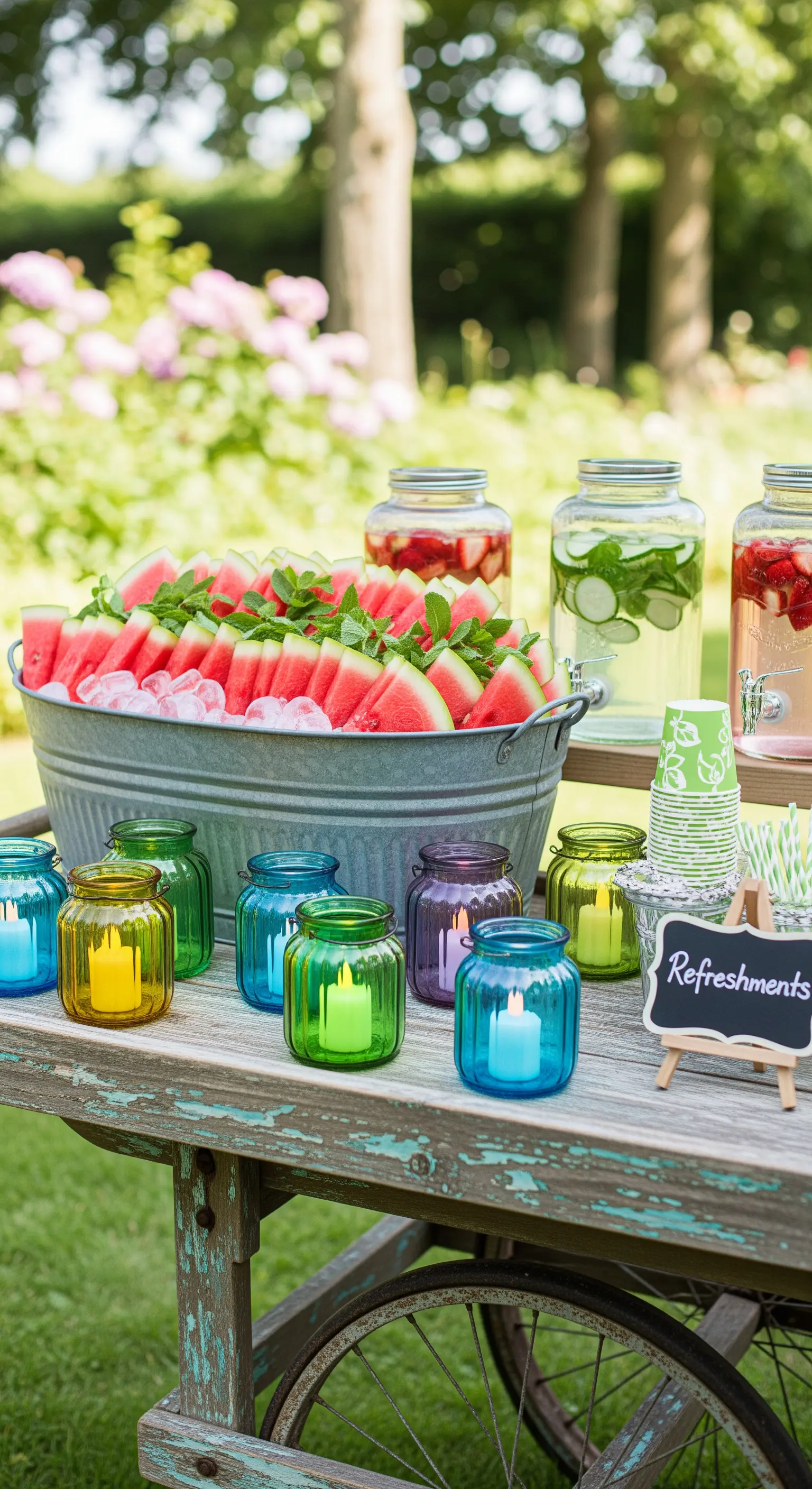 Angolo rinfresco con carretto in legno, anguria e piccole lanterne in vetro colorato.