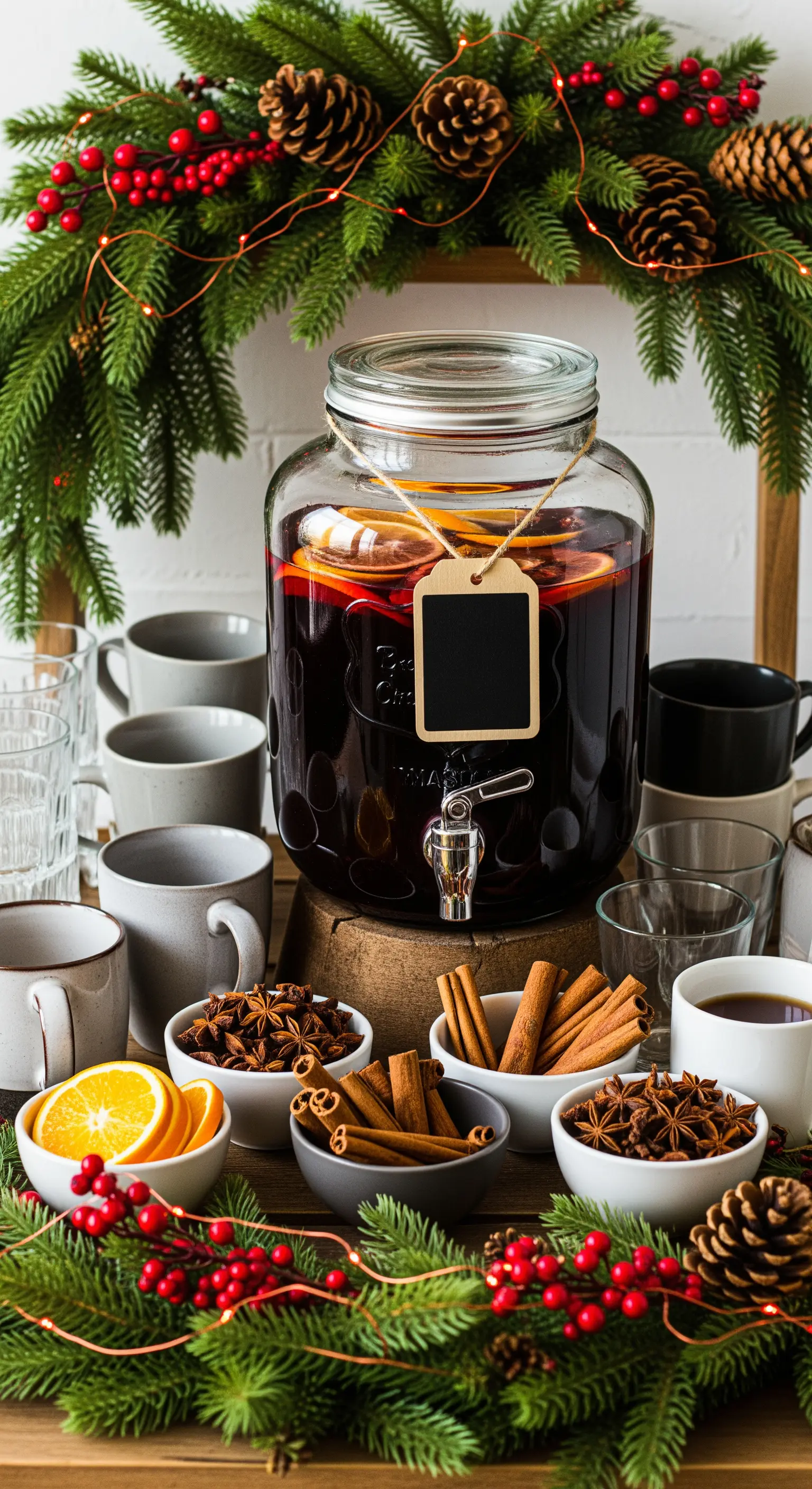 Dispenser di vin brûlé circondato da ciotole con spezie, arance e decorazioni natalizie.
