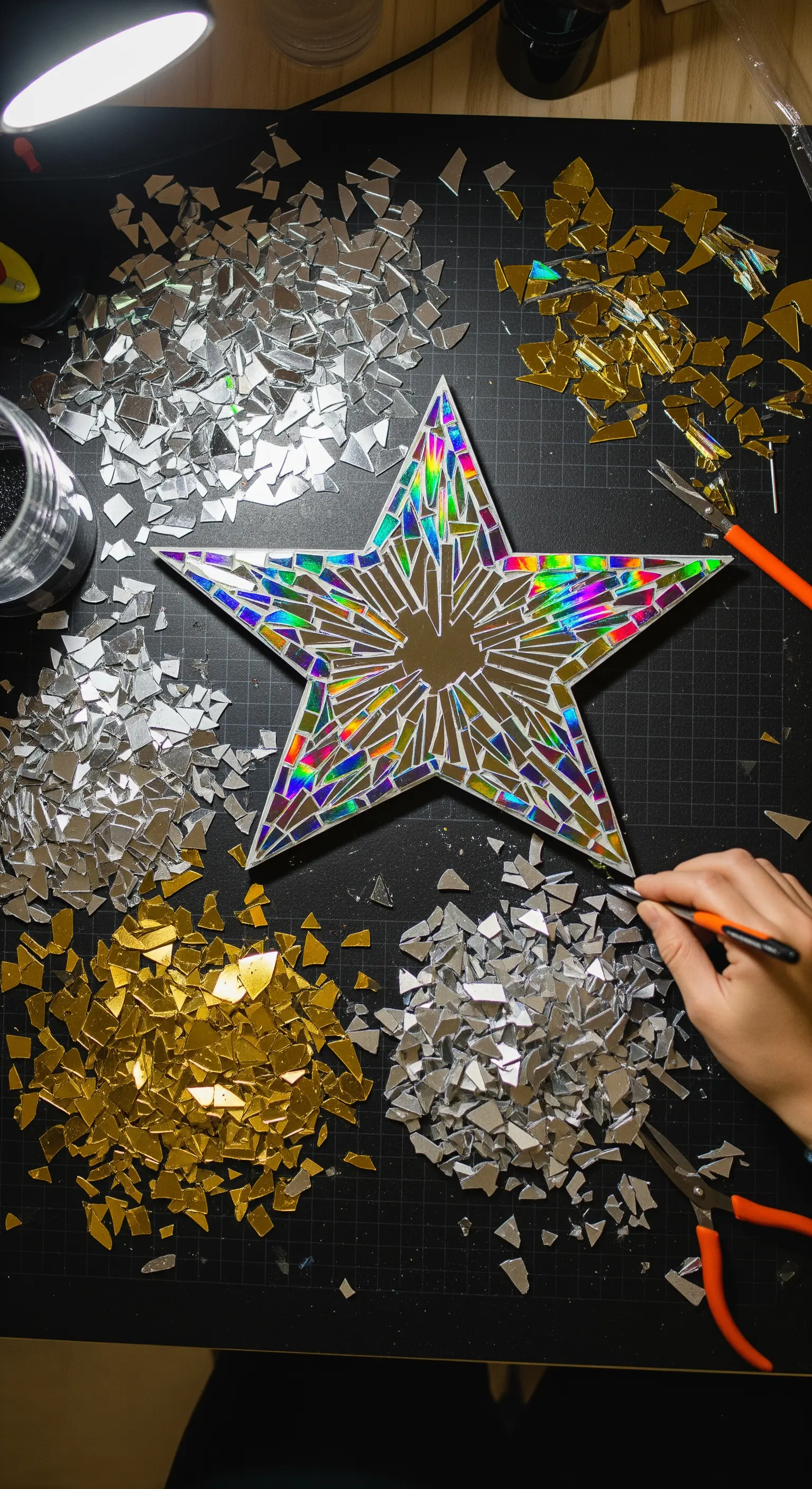 Creazione di un mosaico su una base a forma di stella, circondata da frammenti colorati.