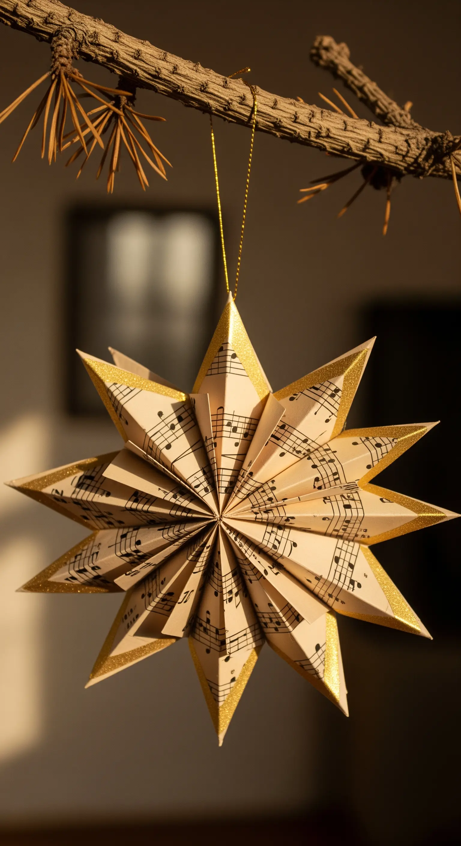 Stella di Natale tridimensionale creata con la carta di uno spartito musicale