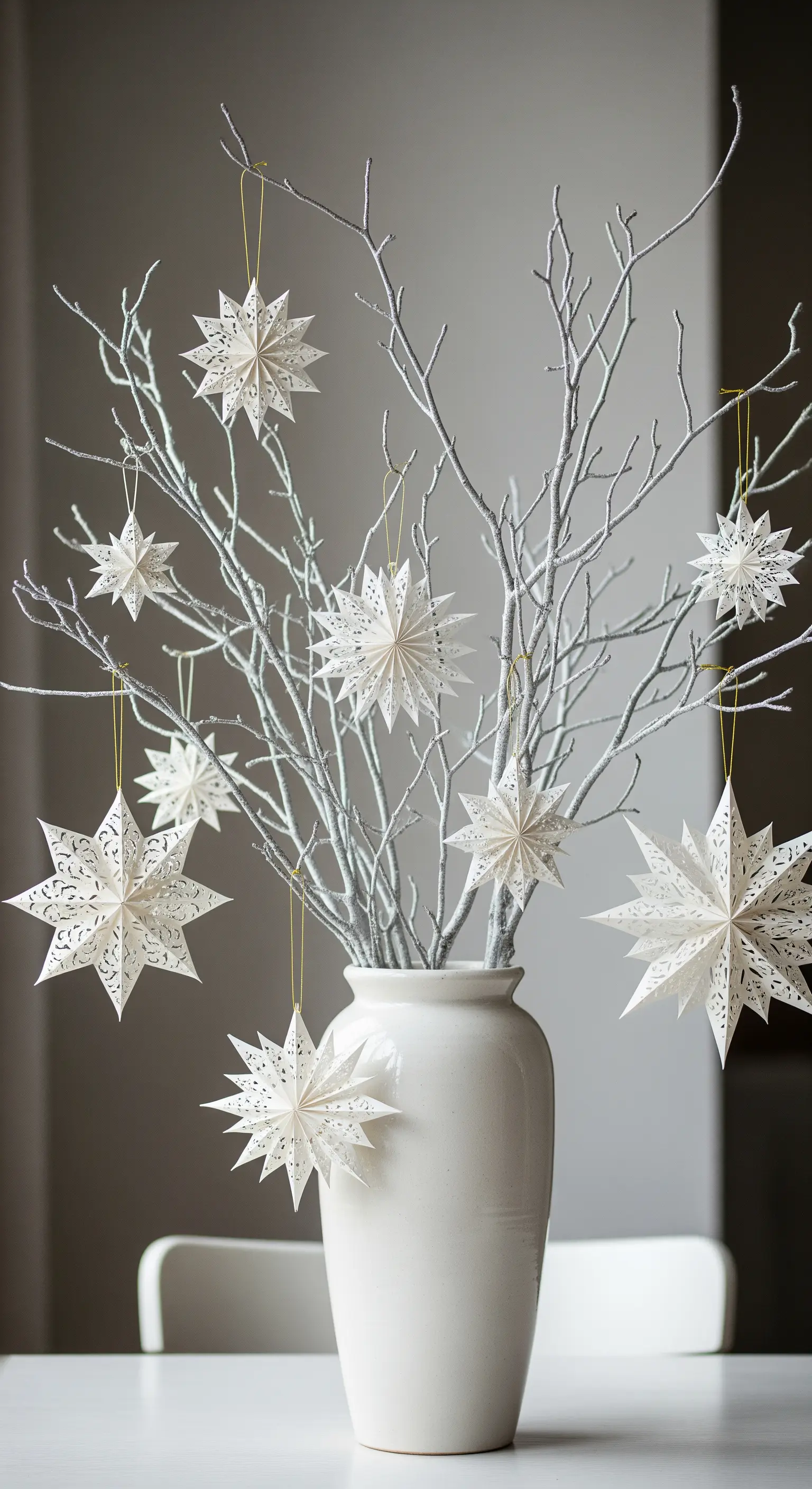 Stelle di carta bianca finemente intagliate appese a rami dipinti di bianco